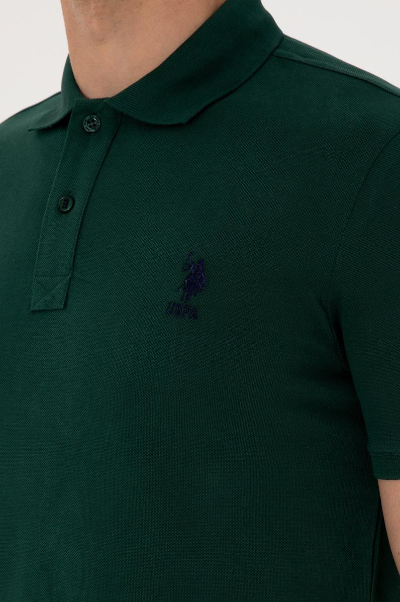 Erkek Slim Fit Polo Yaka Koyu Yeşil Basic Tişört