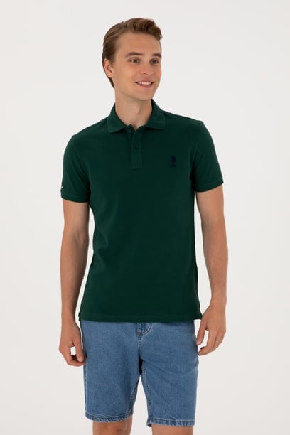 Erkek Slim Fit Polo Yaka Koyu Yeşil Basic Tişört