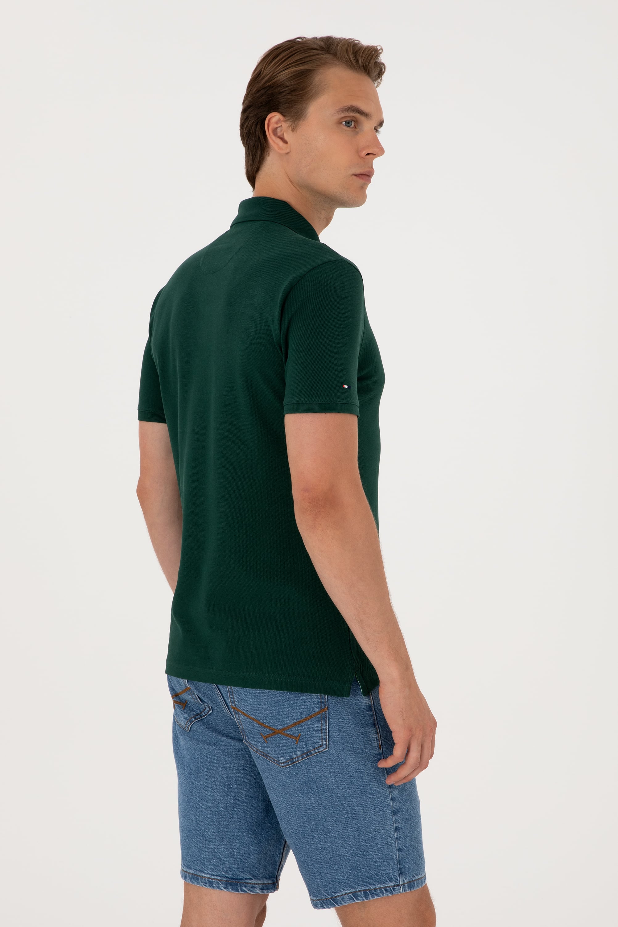 Erkek Slim Fit Polo Yaka Koyu Yeşil Basic Tişört - Image 5