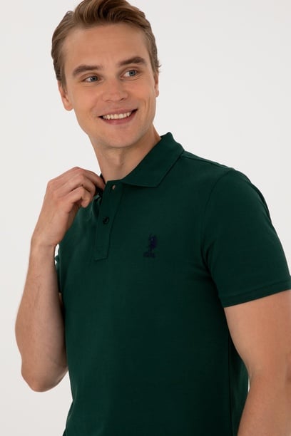 Erkek Slim Fit Polo Yaka Koyu Yeşil Basic Tişört