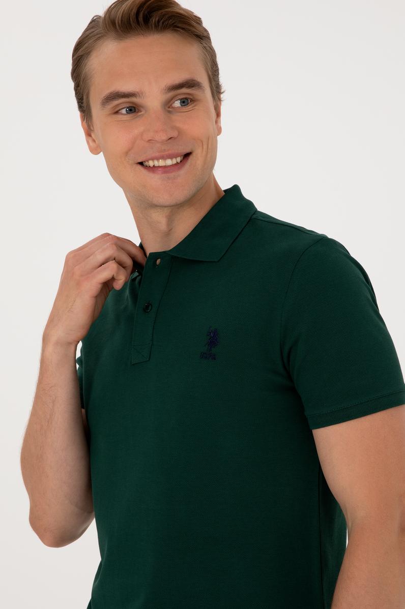 Erkek Slim Fit Polo Yaka Koyu Yeşil Basic Tişört