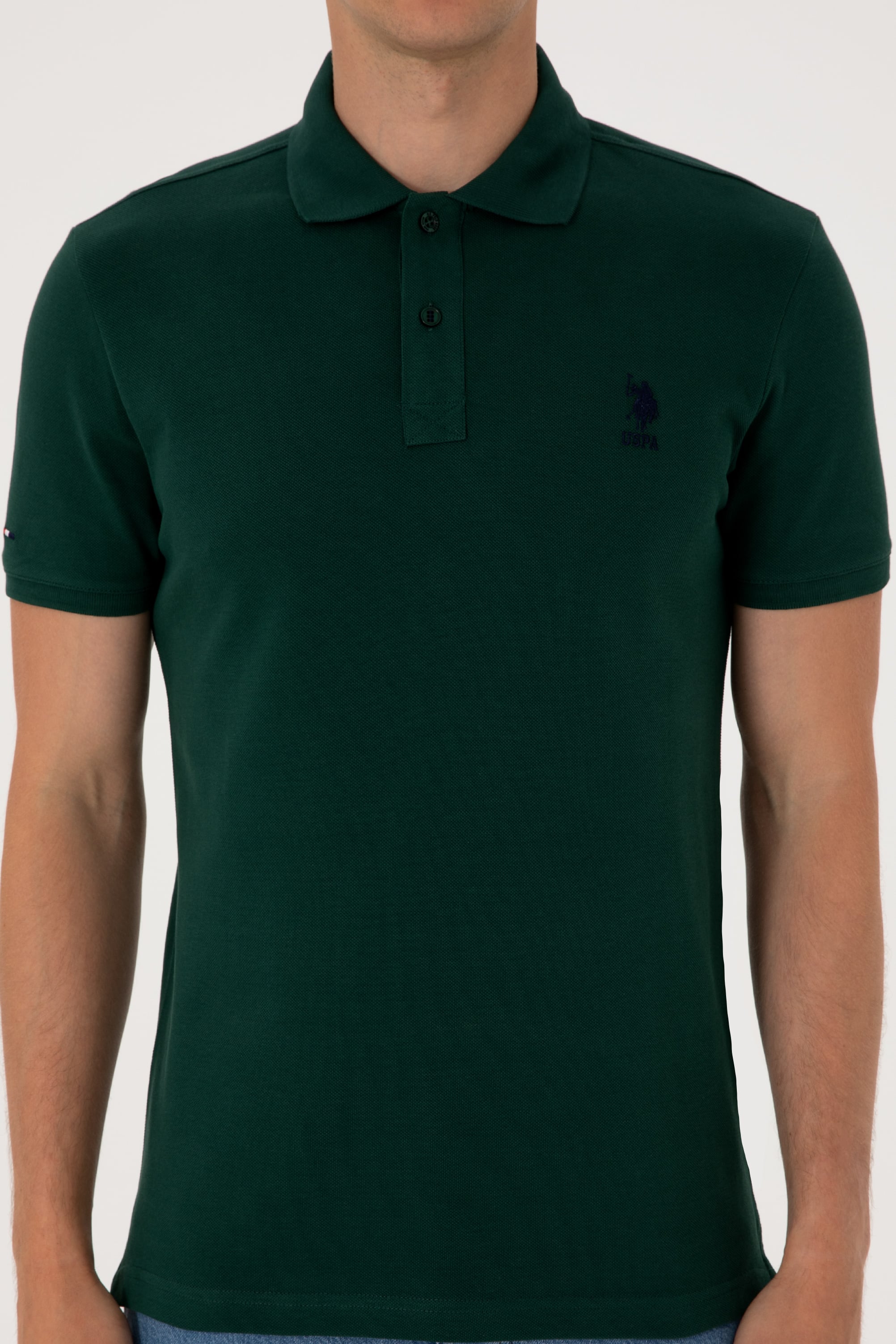 Erkek Slim Fit Polo Yaka Koyu Yeşil Basic Tişört