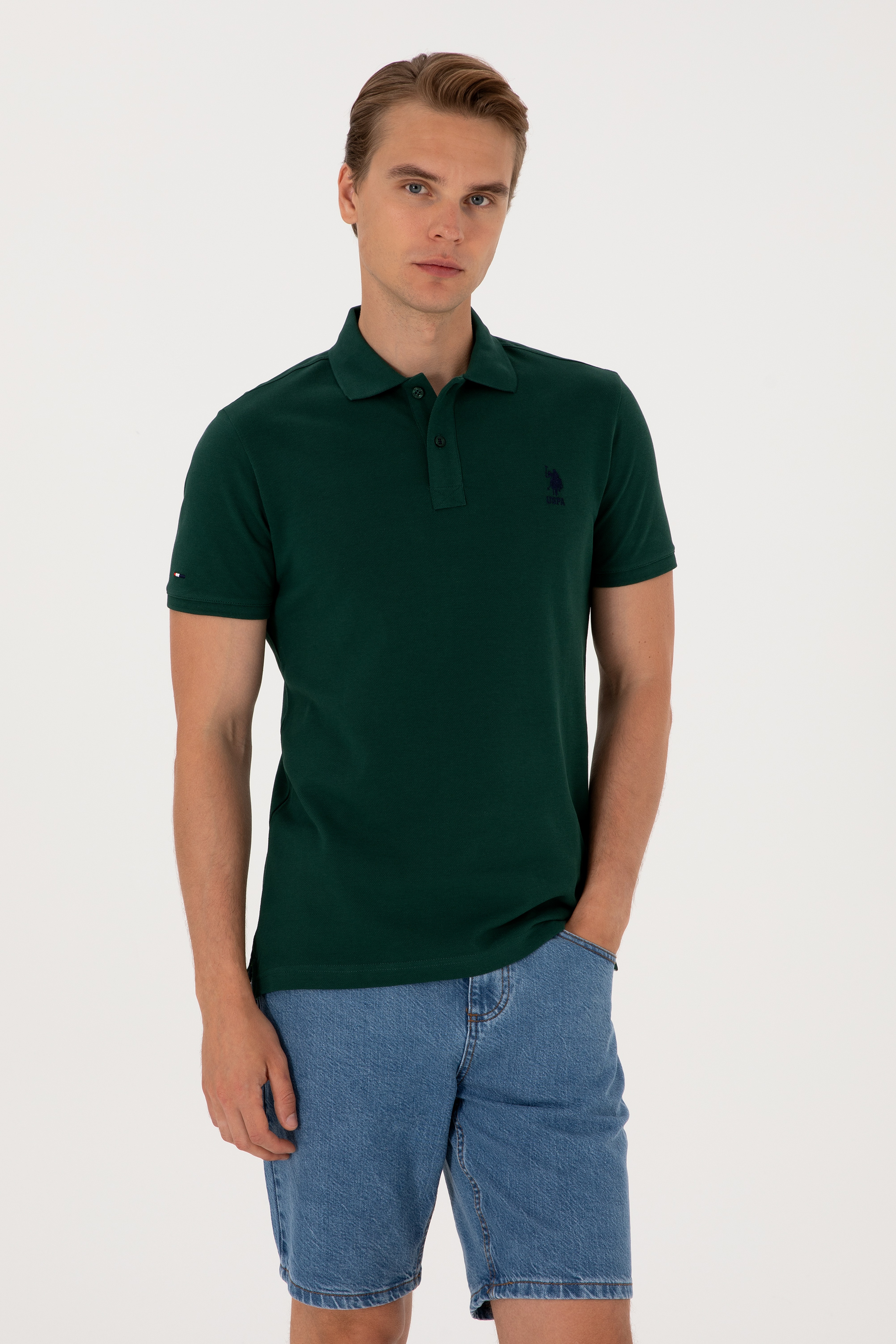 Erkek Slim Fit Polo Yaka Koyu Yeşil Basic Tişört - Image 1
