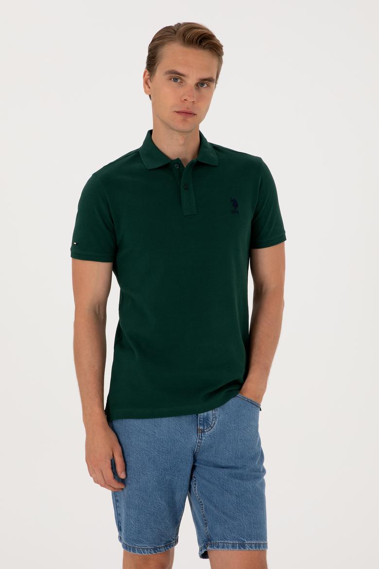 Erkek Slim Fit Polo Yaka Koyu Yeşil Basic Tişört