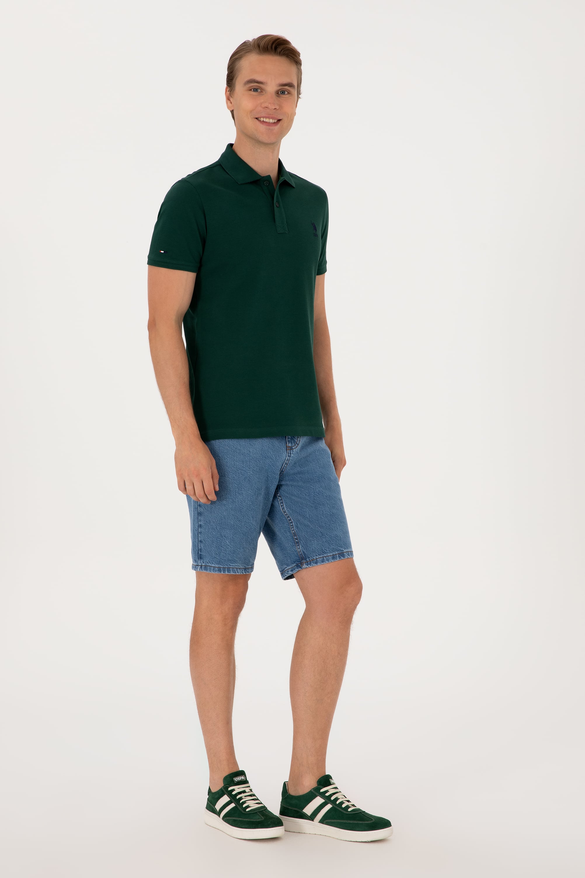 Erkek Slim Fit Polo Yaka Koyu Yeşil Basic Tişört - Image 4