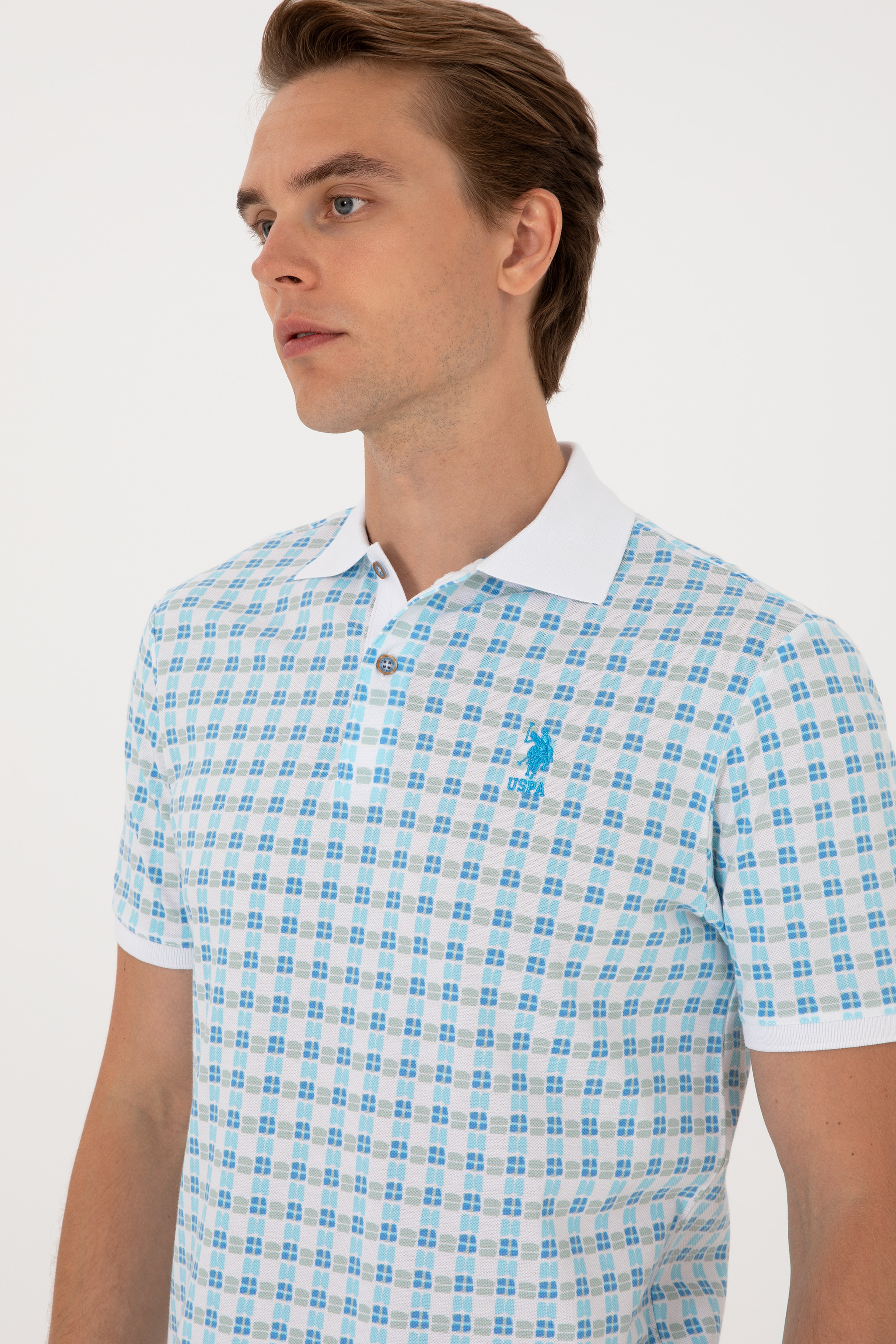 Erkek Regular Fit Polo Yaka Turkuaz Desenli Tişört - Image 2