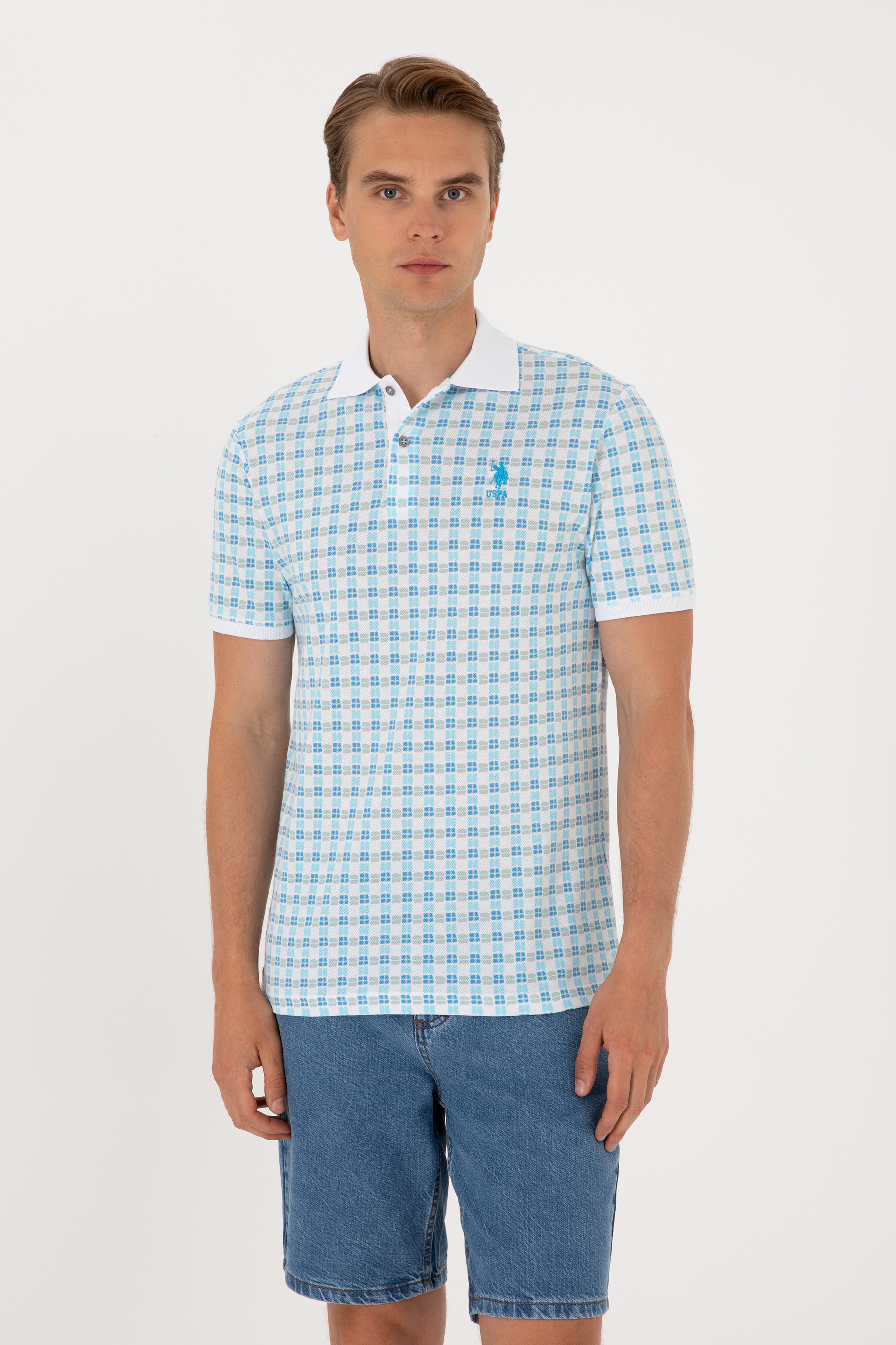 Erkek Regular Fit Polo Yaka Turkuaz Desenli Tişört - Image 1