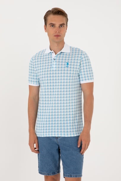 Erkek Regular Fit Polo Yaka Turkuaz Desenli Tişört
