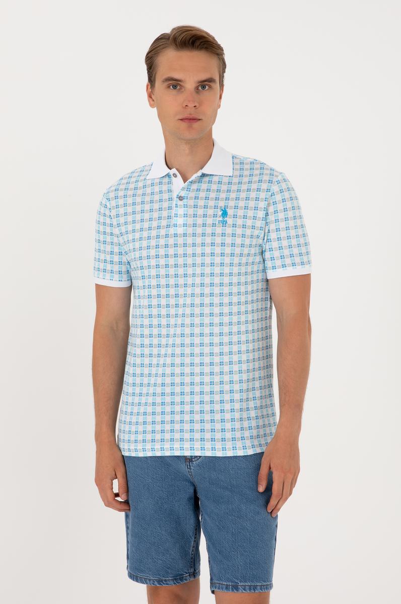 Erkek Regular Fit Polo Yaka Turkuaz Desenli Tişört