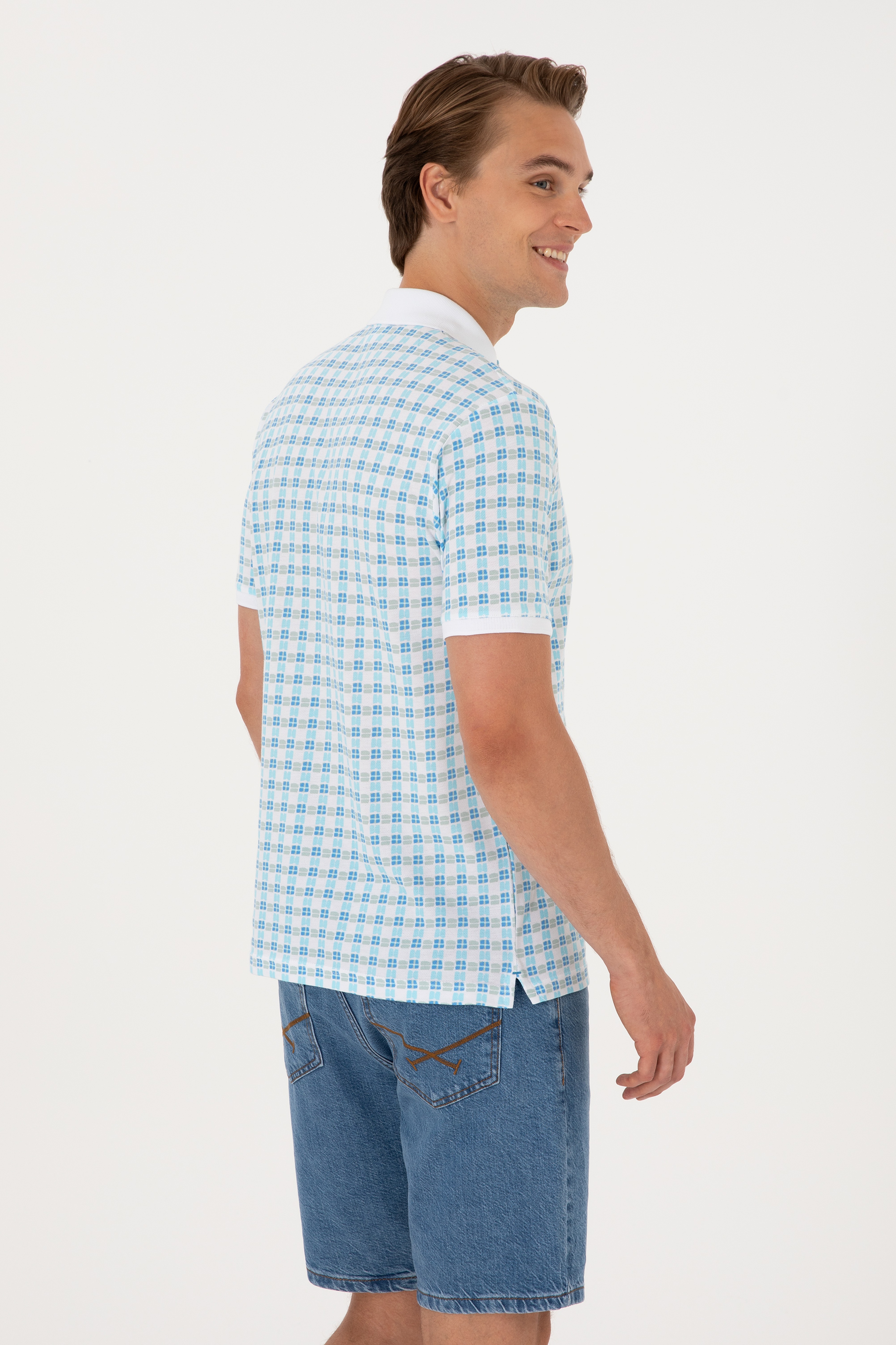 Erkek Regular Fit Polo Yaka Turkuaz Desenli Tişört