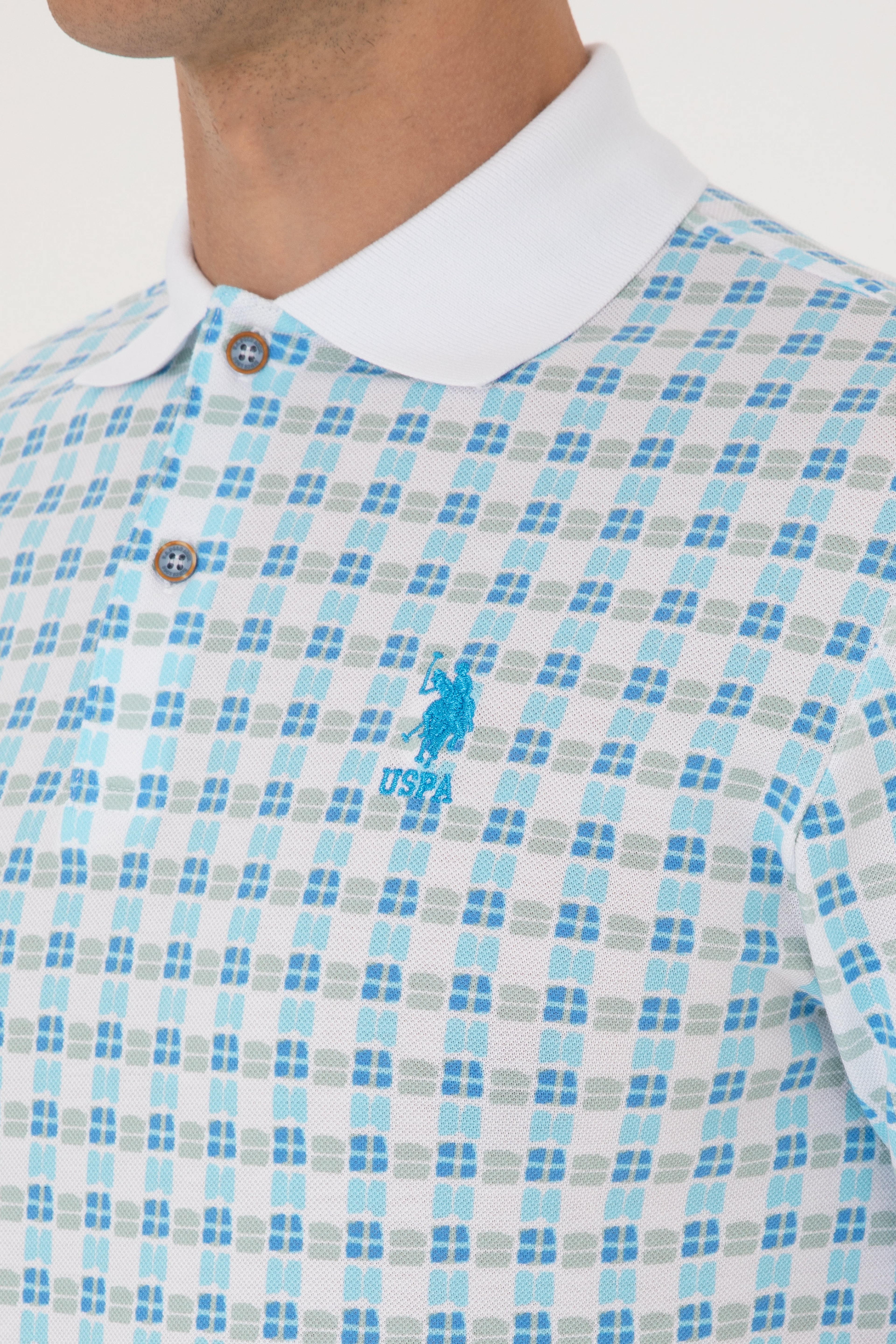 Erkek Regular Fit Polo Yaka Turkuaz Desenli Tişört - Image 7