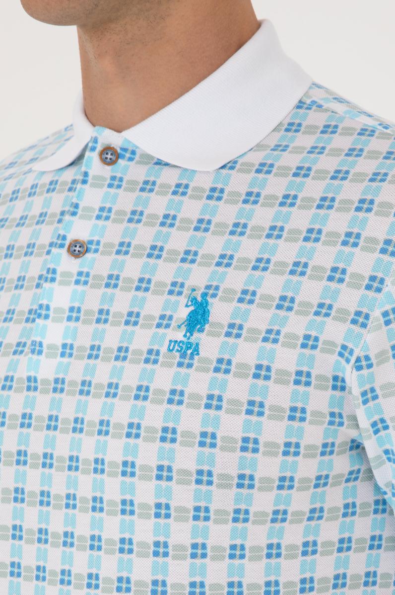 Erkek Regular Fit Polo Yaka Turkuaz Desenli Tişört