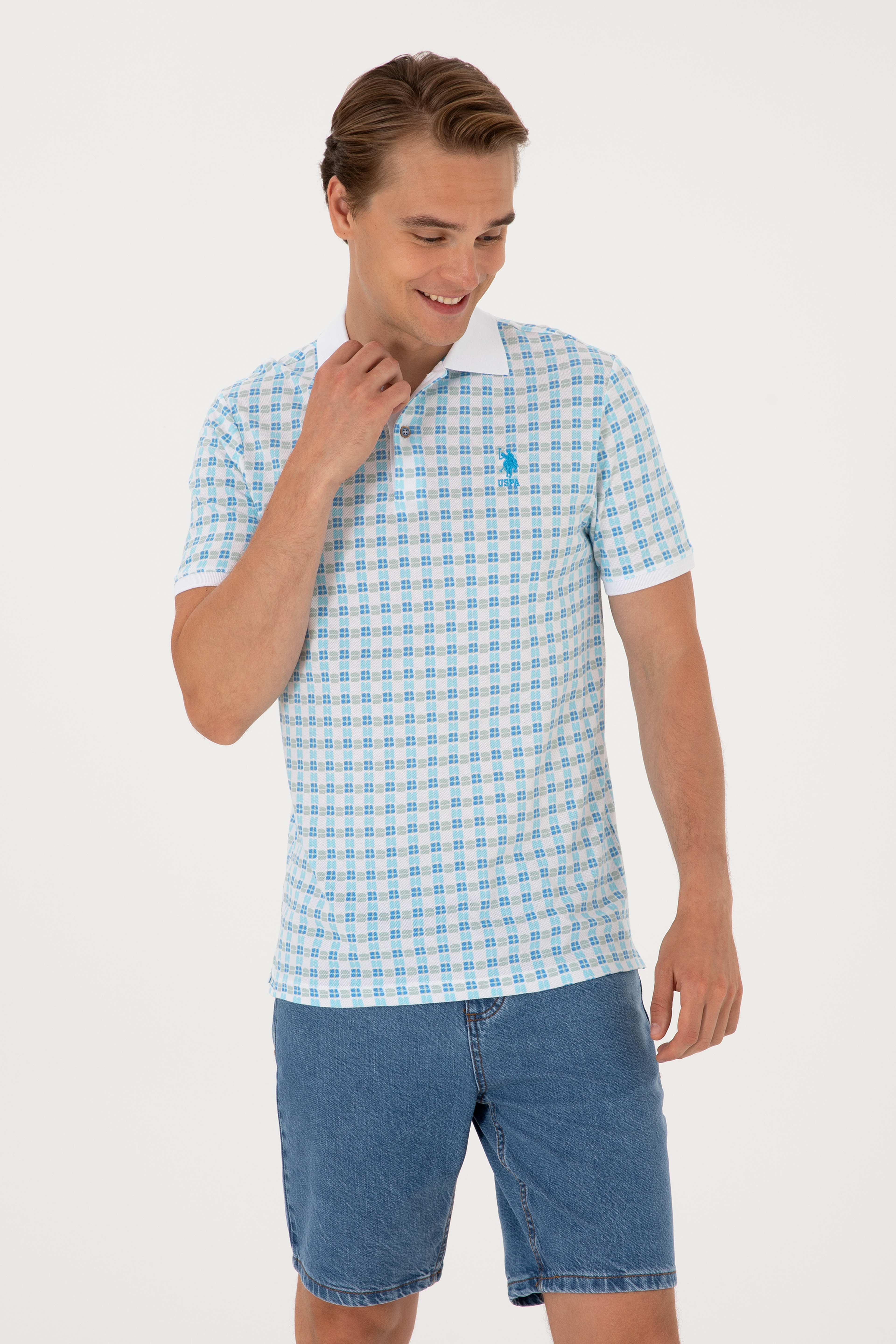 Erkek Regular Fit Polo Yaka Turkuaz Desenli Tişört