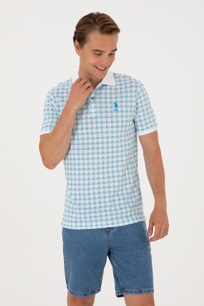 Erkek Regular Fit Polo Yaka Turkuaz Desenli Tişört