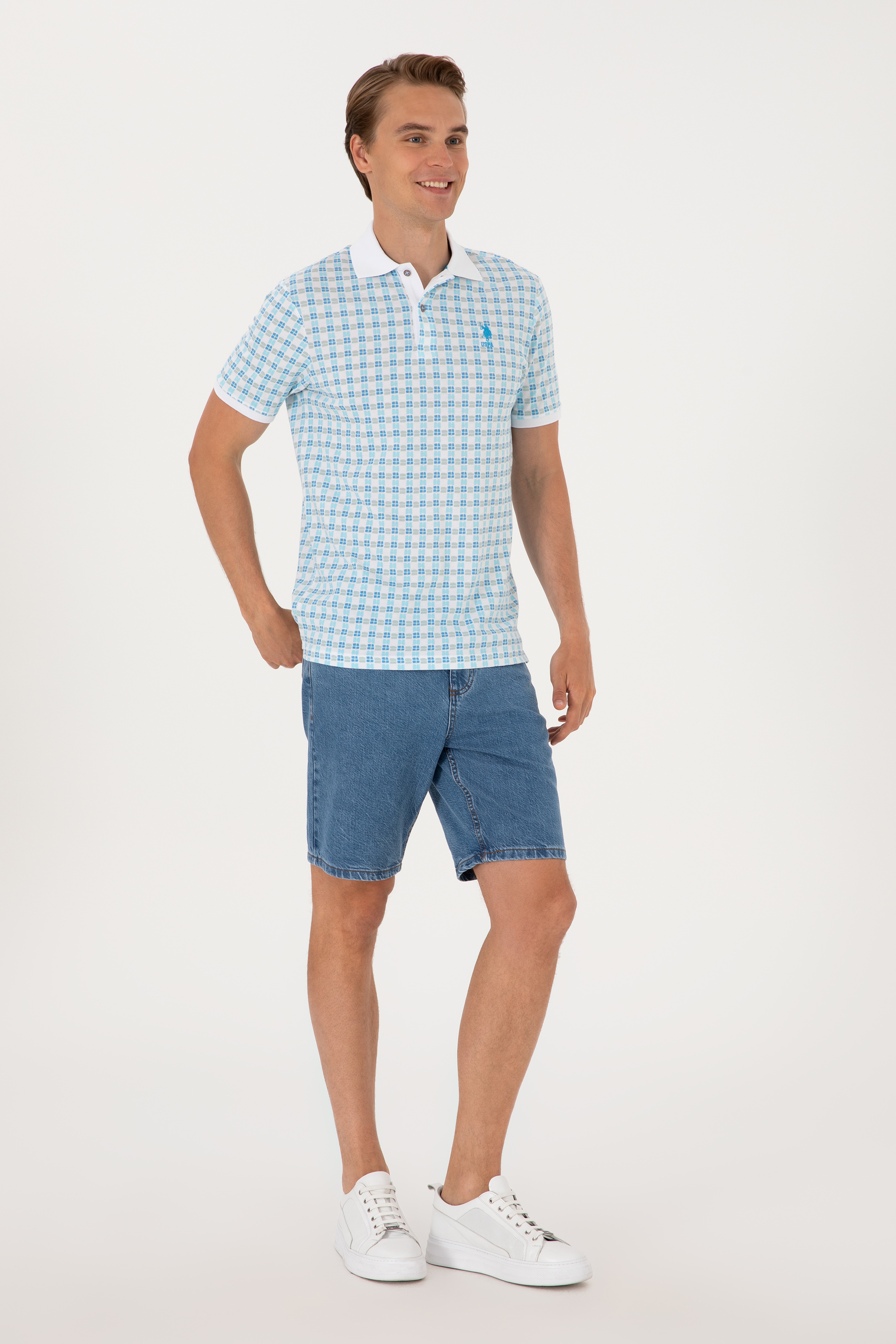 Erkek Regular Fit Polo Yaka Turkuaz Desenli Tişört