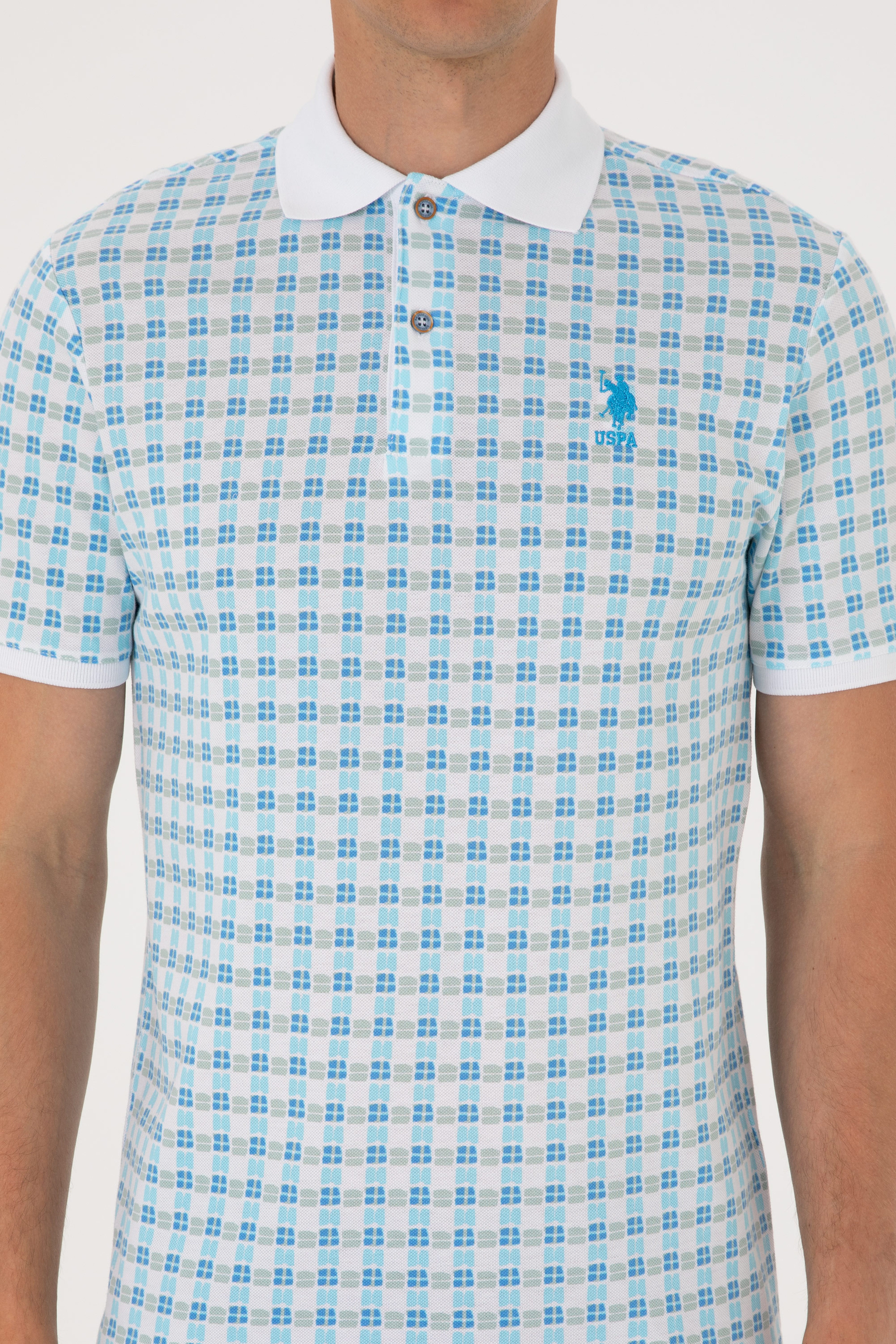 Erkek Regular Fit Polo Yaka Turkuaz Desenli Tişört
