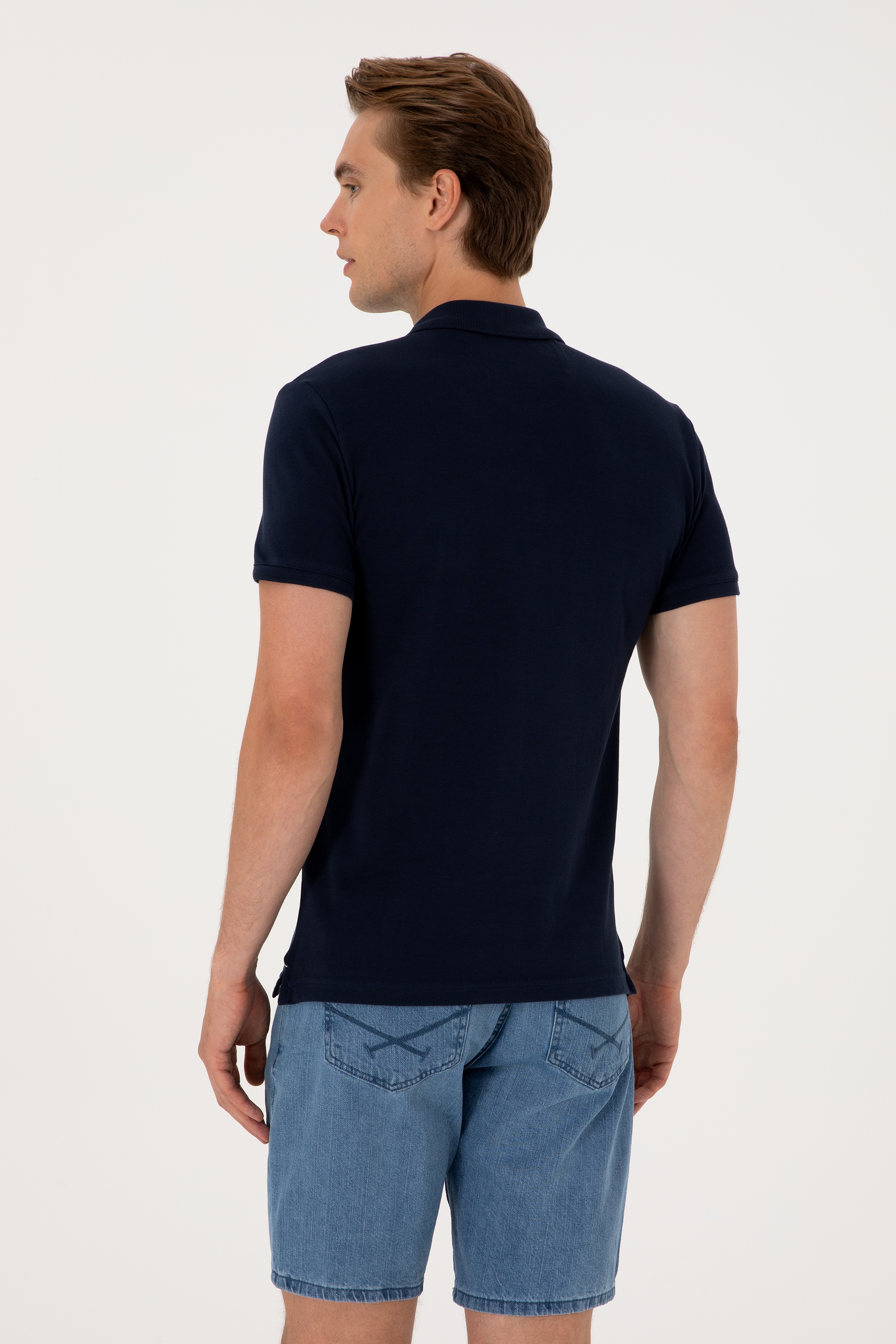Erkek Slim Fit Polo Yaka Lacivert Basic Tişört - Image 5