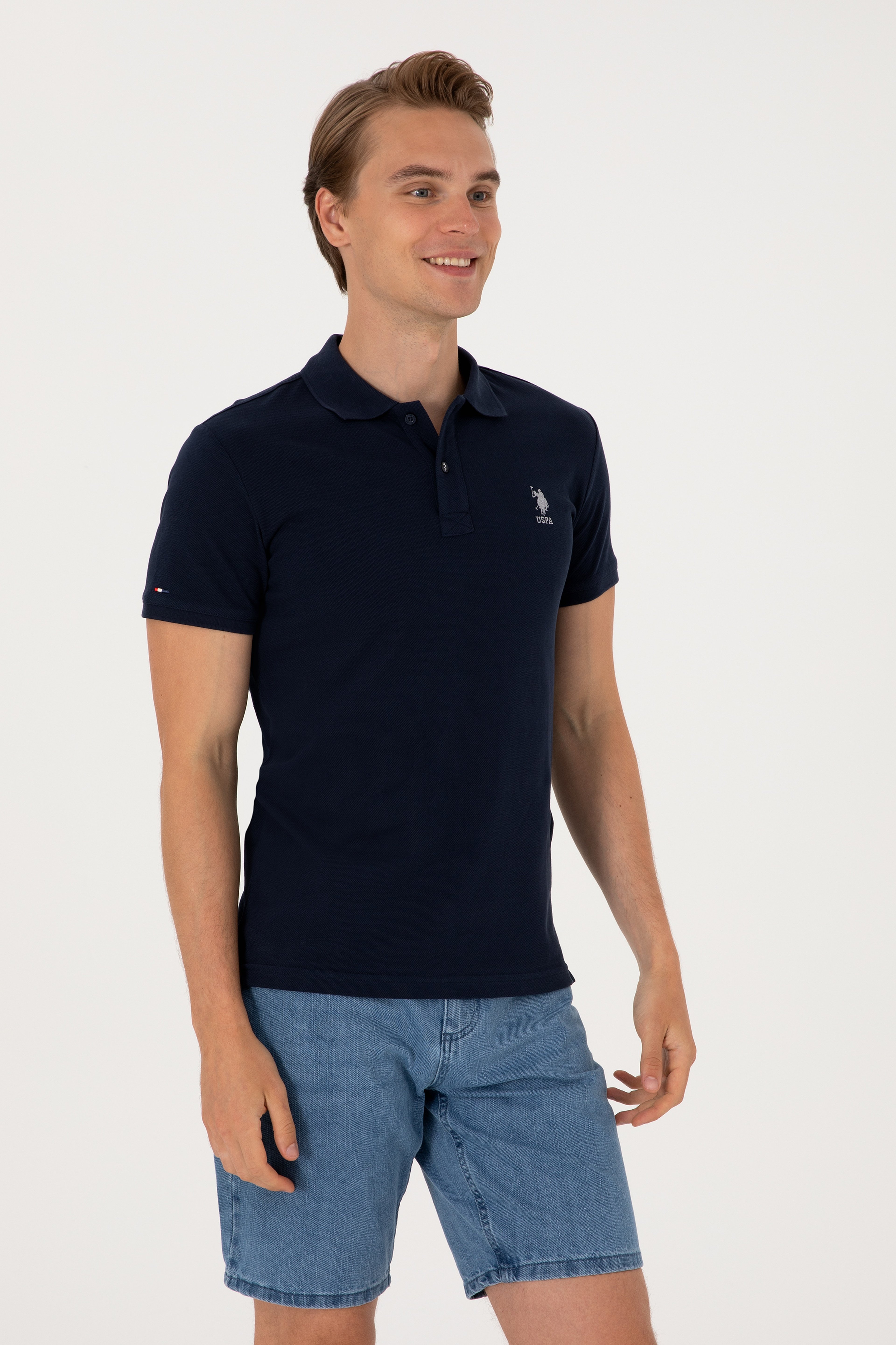 Erkek Slim Fit Polo Yaka Lacivert Basic Tişört - Image 1