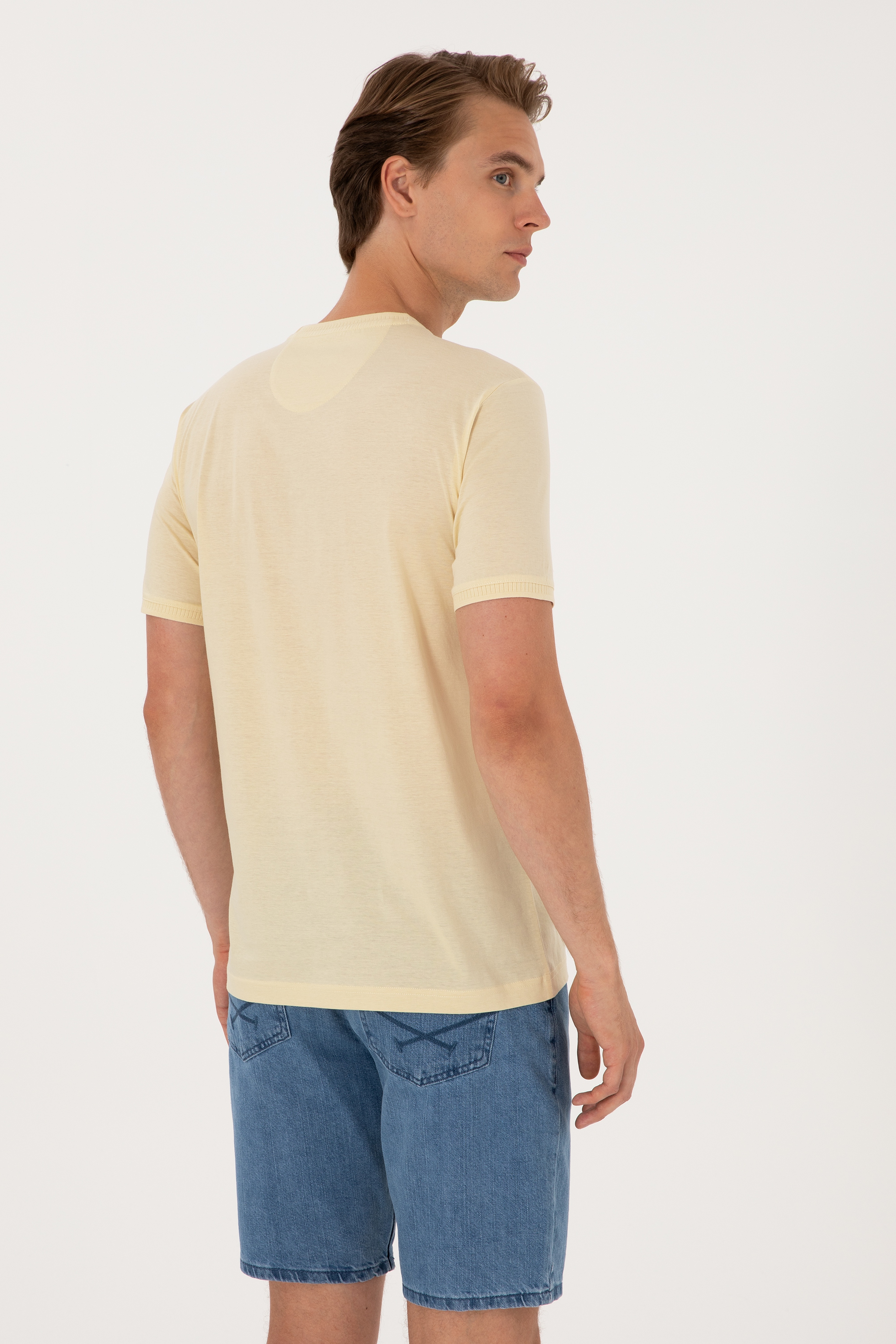 Erkek Regular Fit Açık Haki Bisiklet Yaka Tişört - Image 5