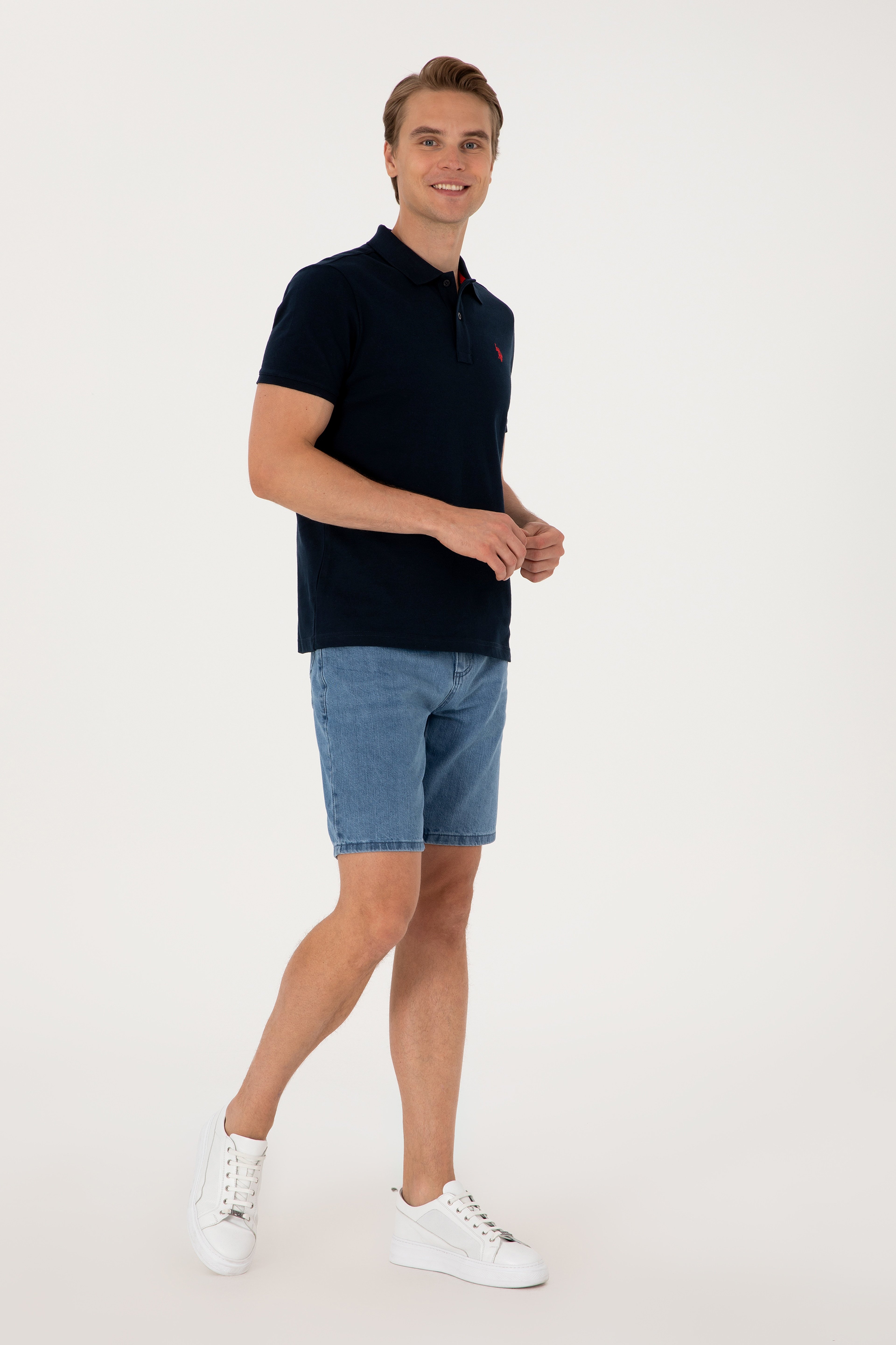 Erkek Slim Fit Polo Yaka Koyu Lacivert Basic Tişört