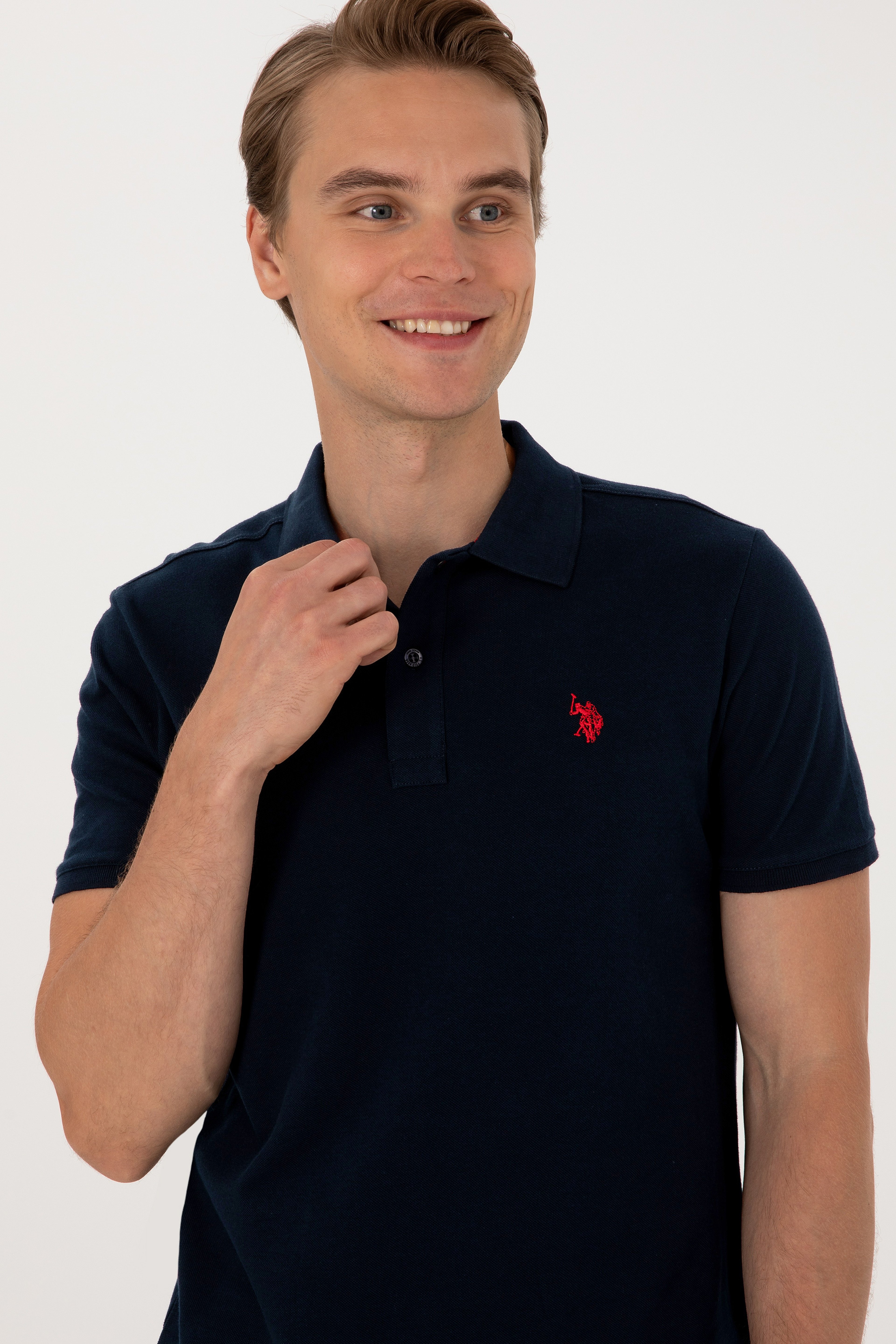 Erkek Slim Fit Polo Yaka Koyu Lacivert Basic Tişört - Image 2