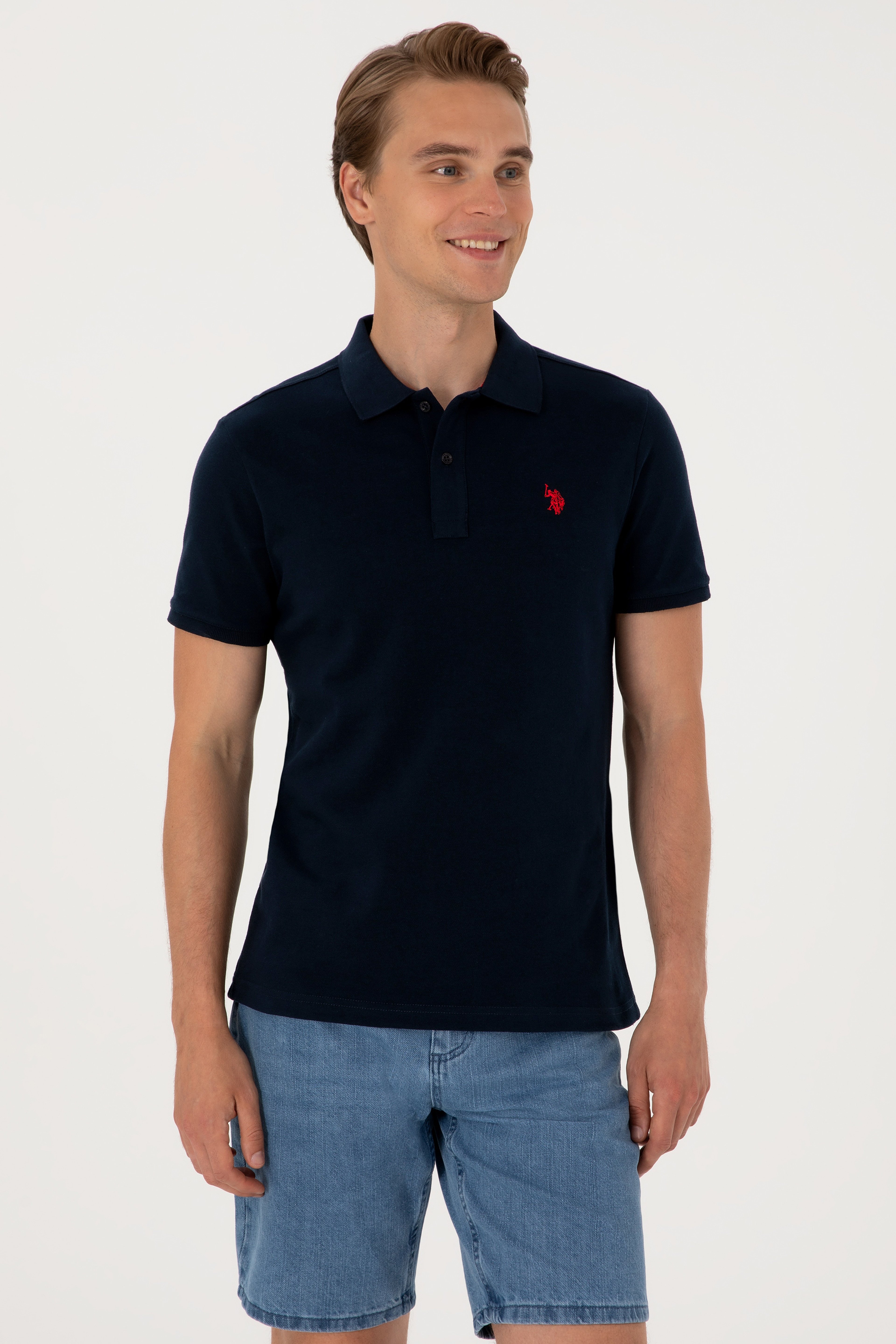 Erkek Slim Fit Polo Yaka Koyu Lacivert Basic Tişört