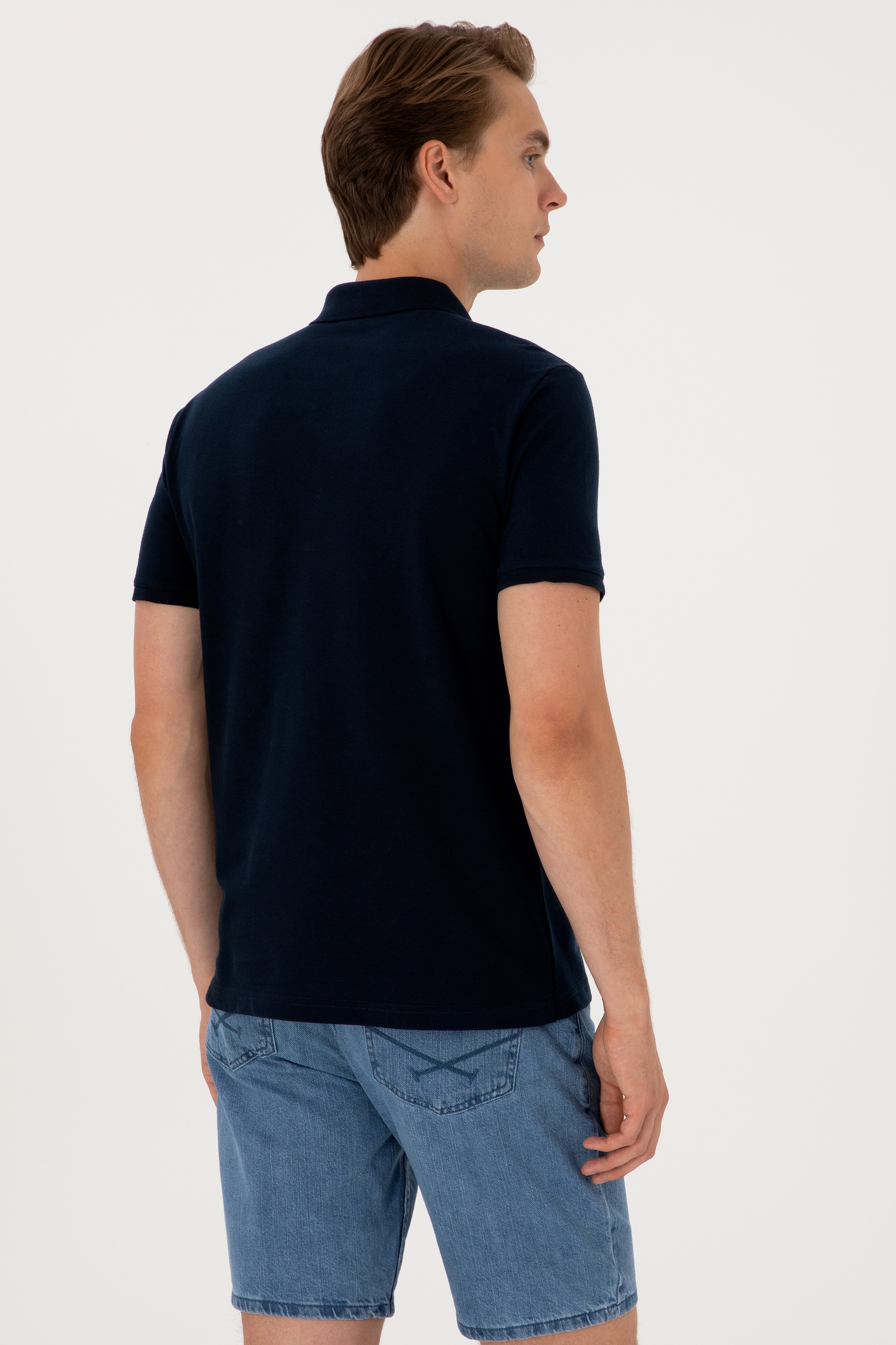 Erkek Slim Fit Polo Yaka Koyu Lacivert Basic Tişört