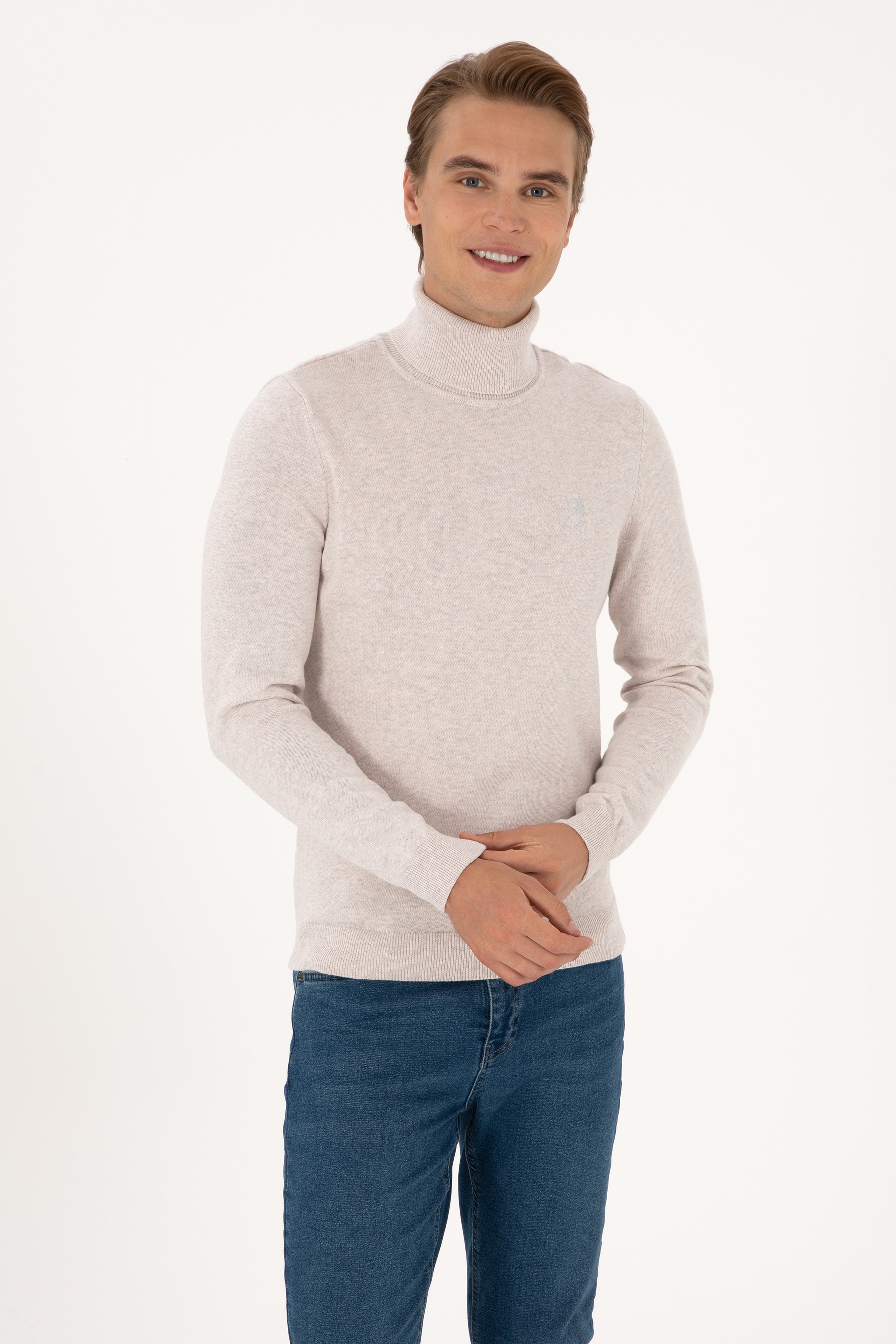 Erkek Slim Fit Boğazlı Yaka Taş Basic Kazak - Image 1