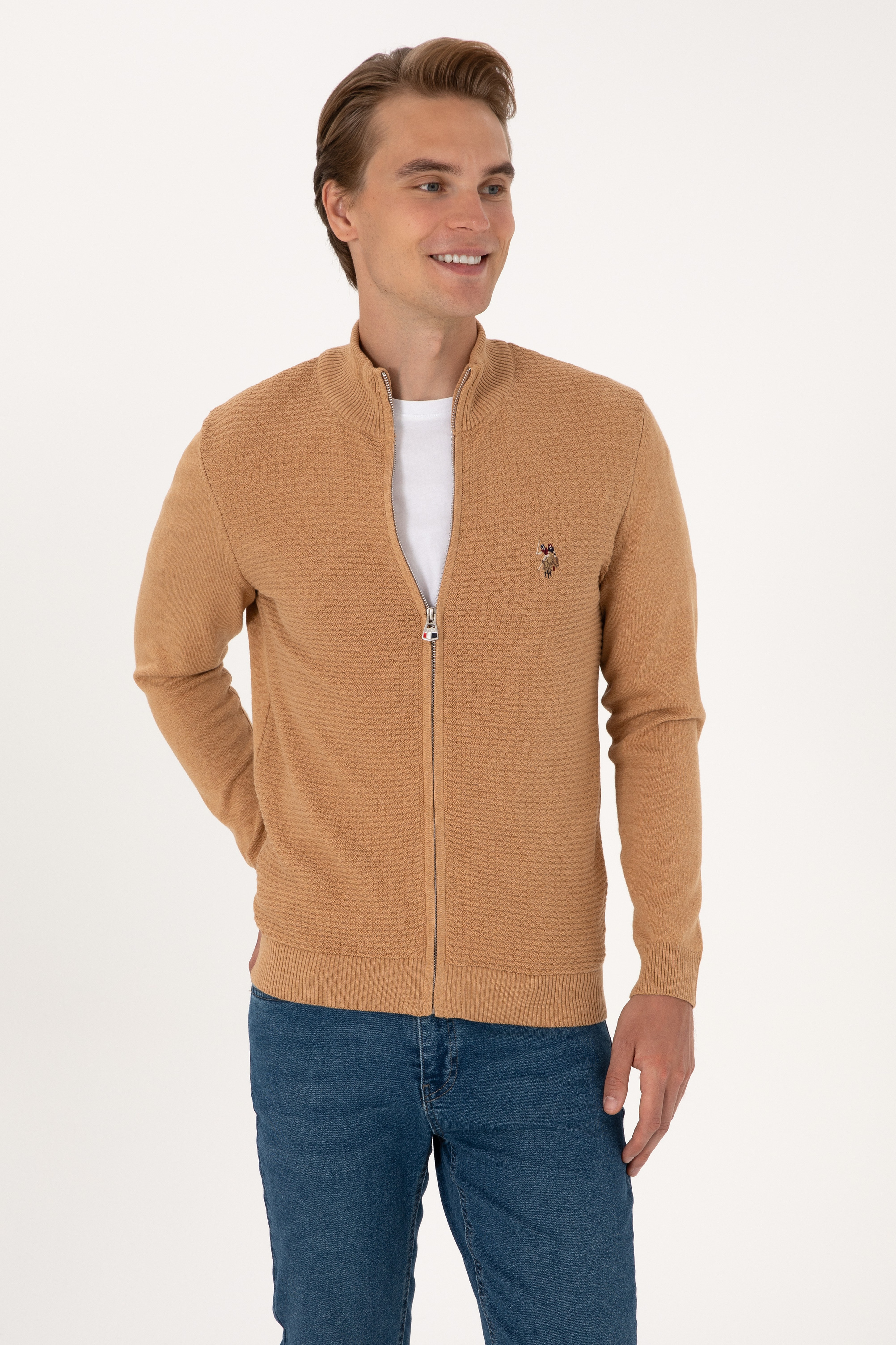 Erkek Camel Melanj Basic Triko Hırka - Image 3