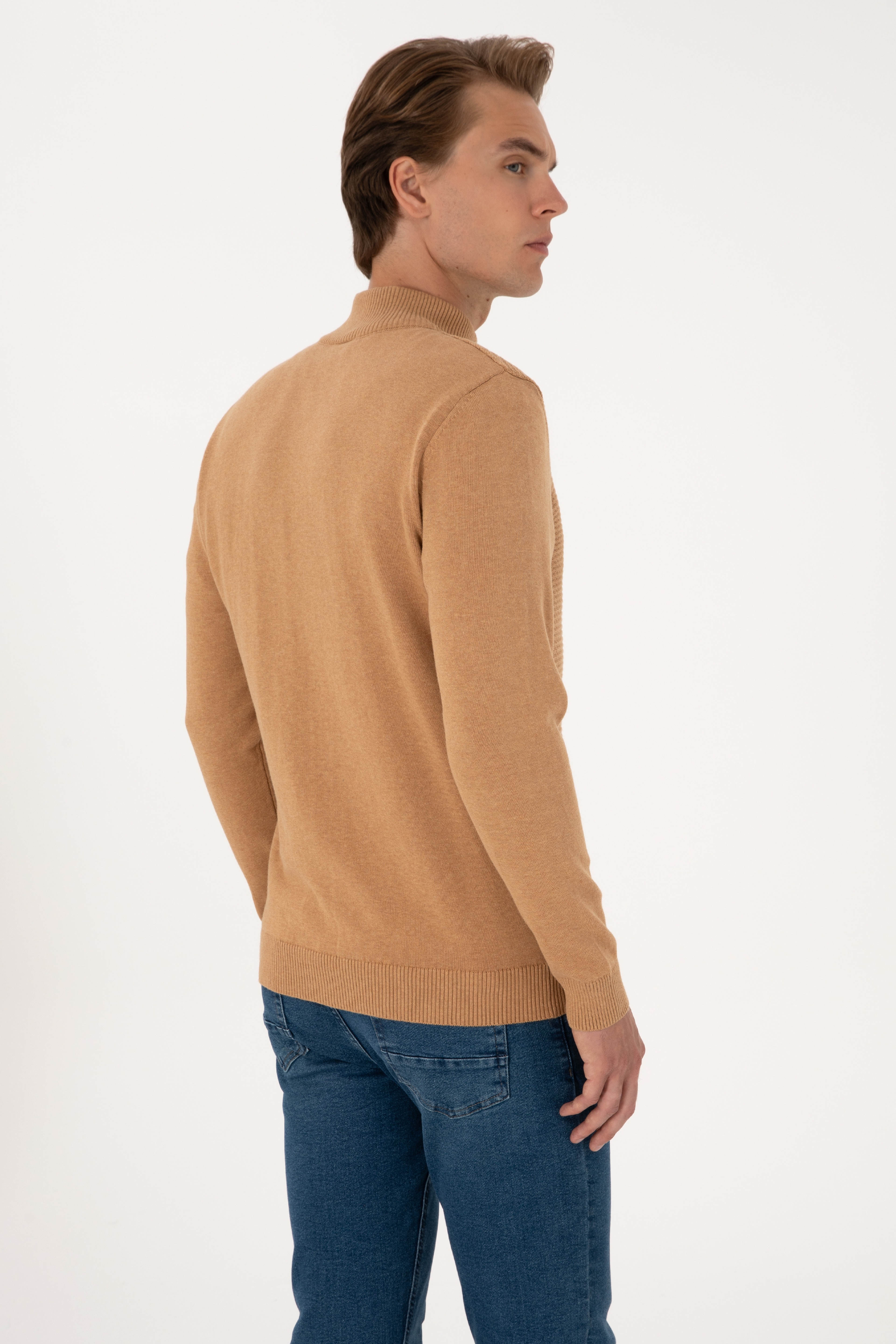 Erkek Camel Melanj Basic Triko Hırka - Image 5