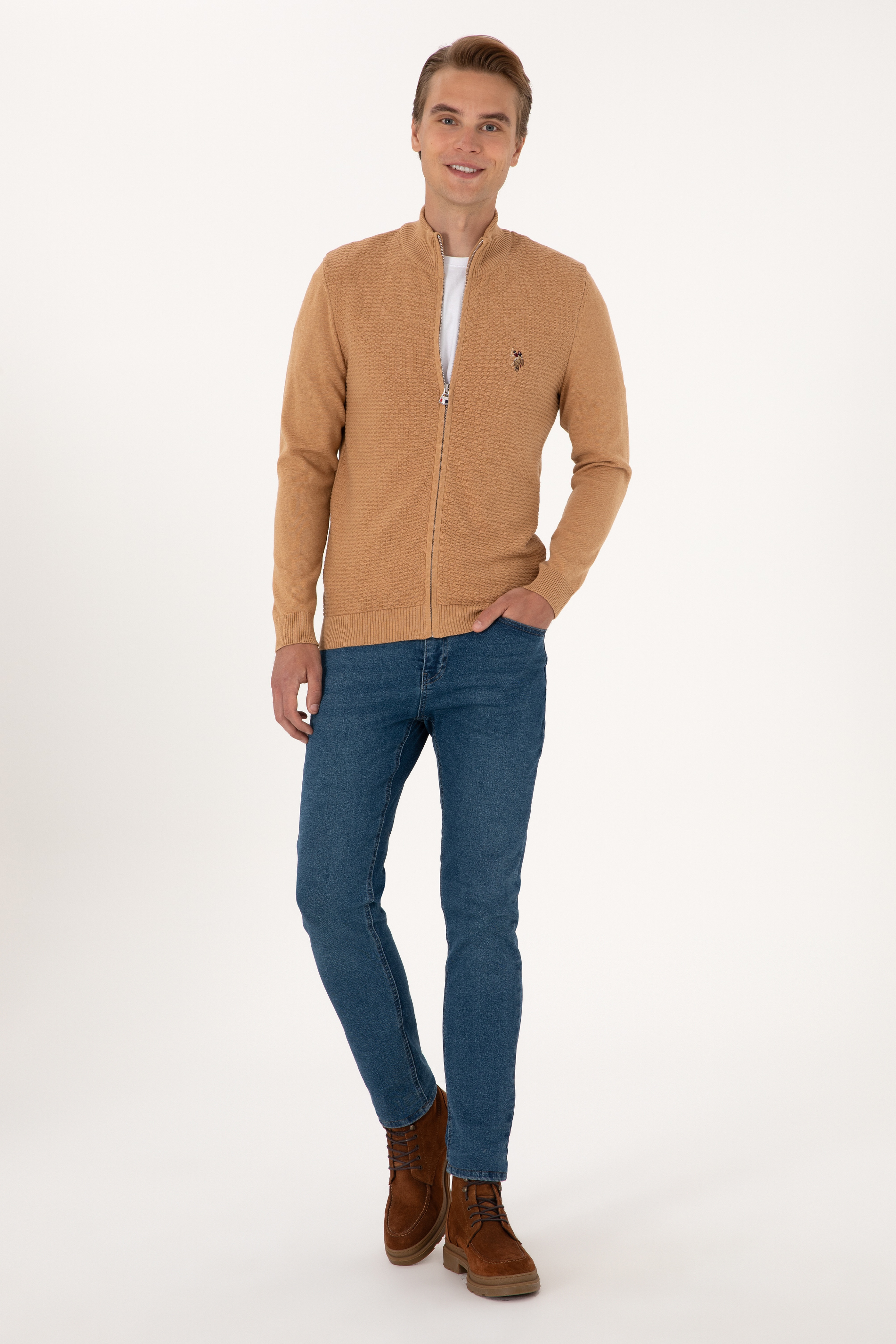 Erkek Camel Melanj Basic Triko Hırka - Image 4