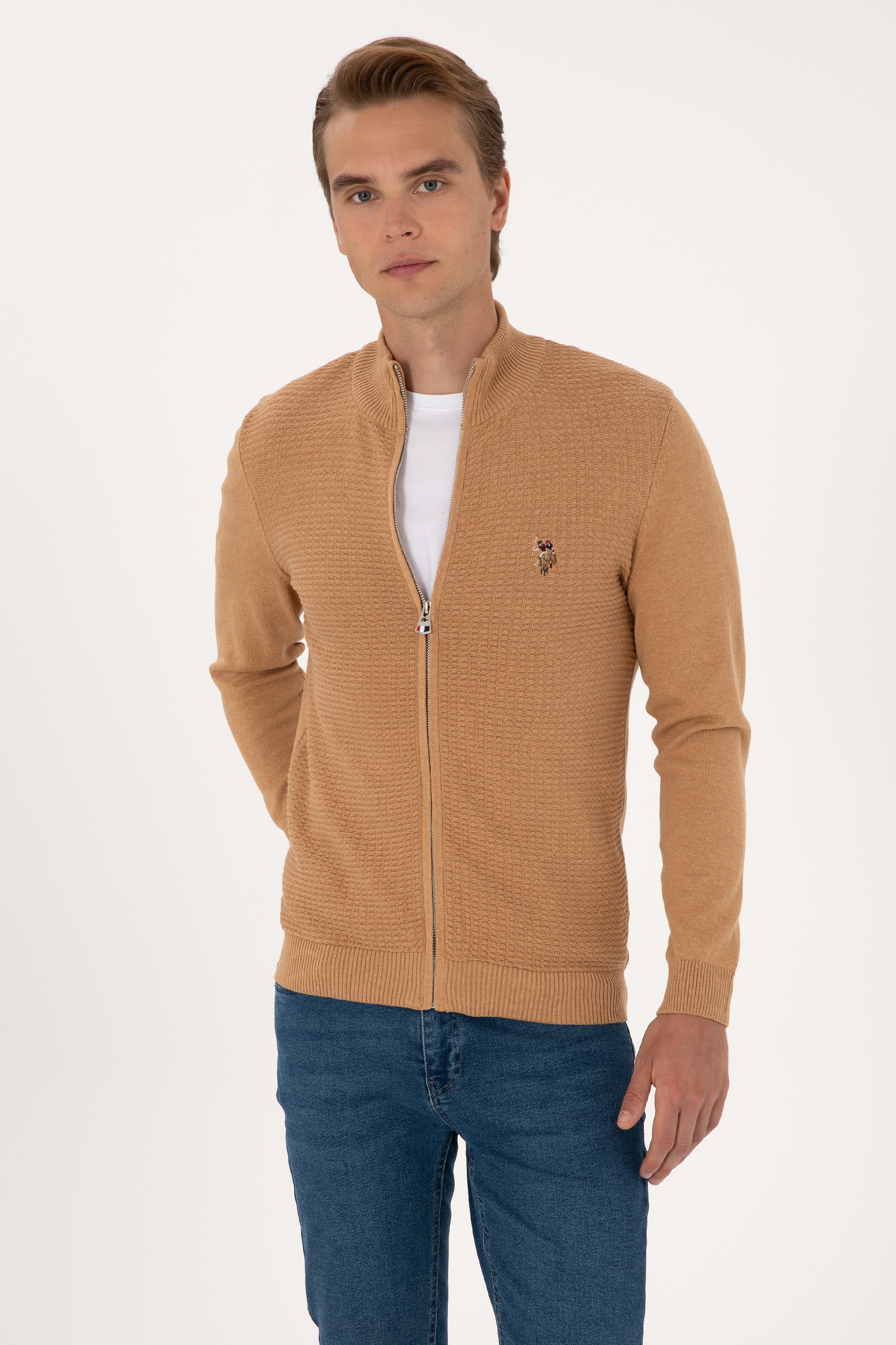 Erkek Camel Melanj Basic Triko Hırka - Image 1