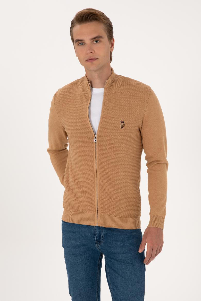 Erkek Camel Melanj Basic Triko Hırka