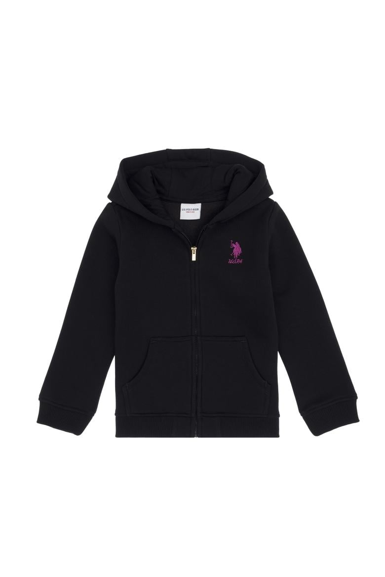 Kız Çocuk Siyah Kapüşonlu Fermuarlı Şardonlu Basic Sweatshirt - 50316809021