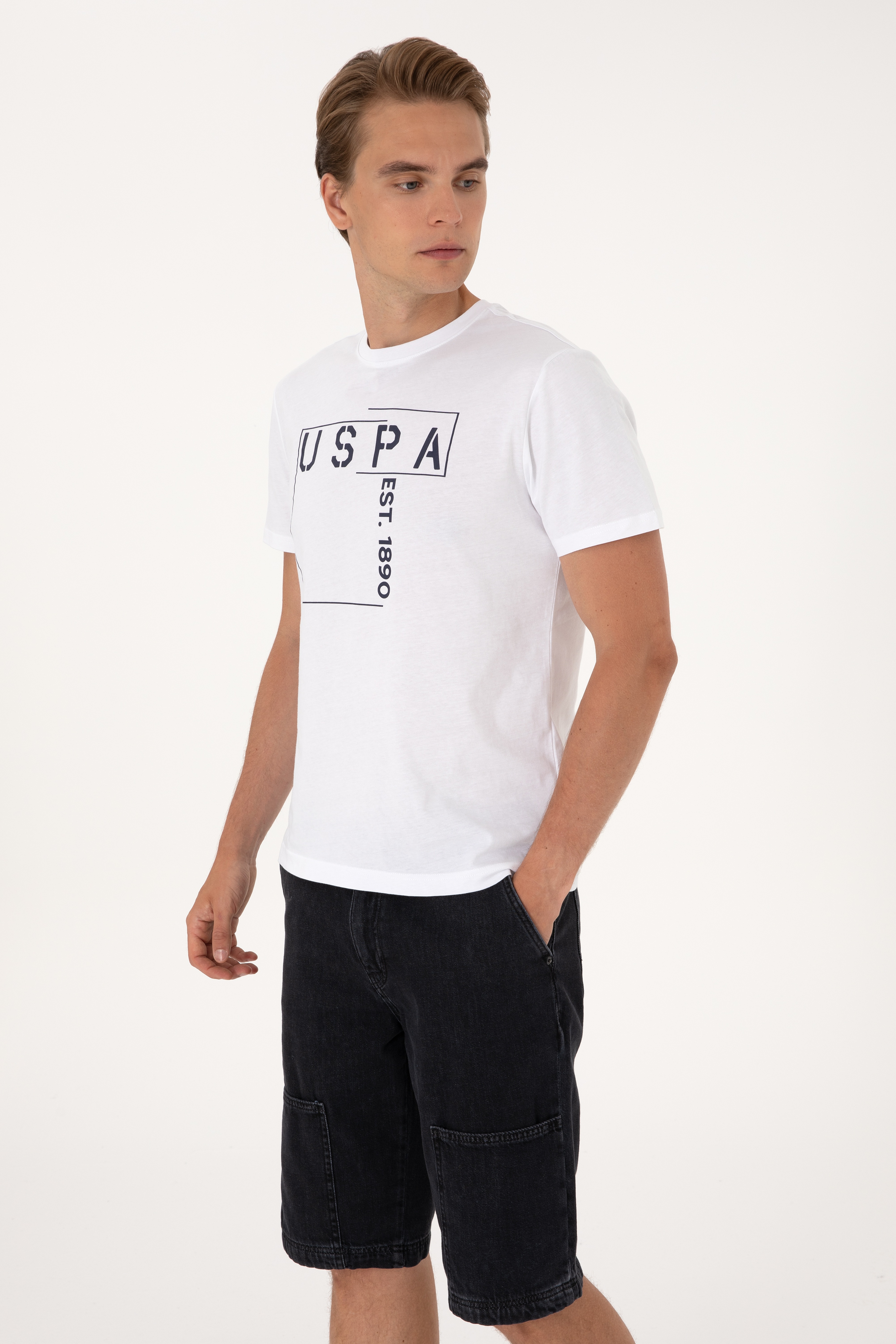 Erkek Regular Fit Beyaz Bisiklet Yaka Tişört - Image 3