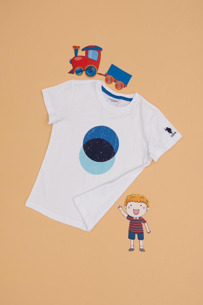Erkek Çocuk Beyaz Bisiklet Yaka Tişört