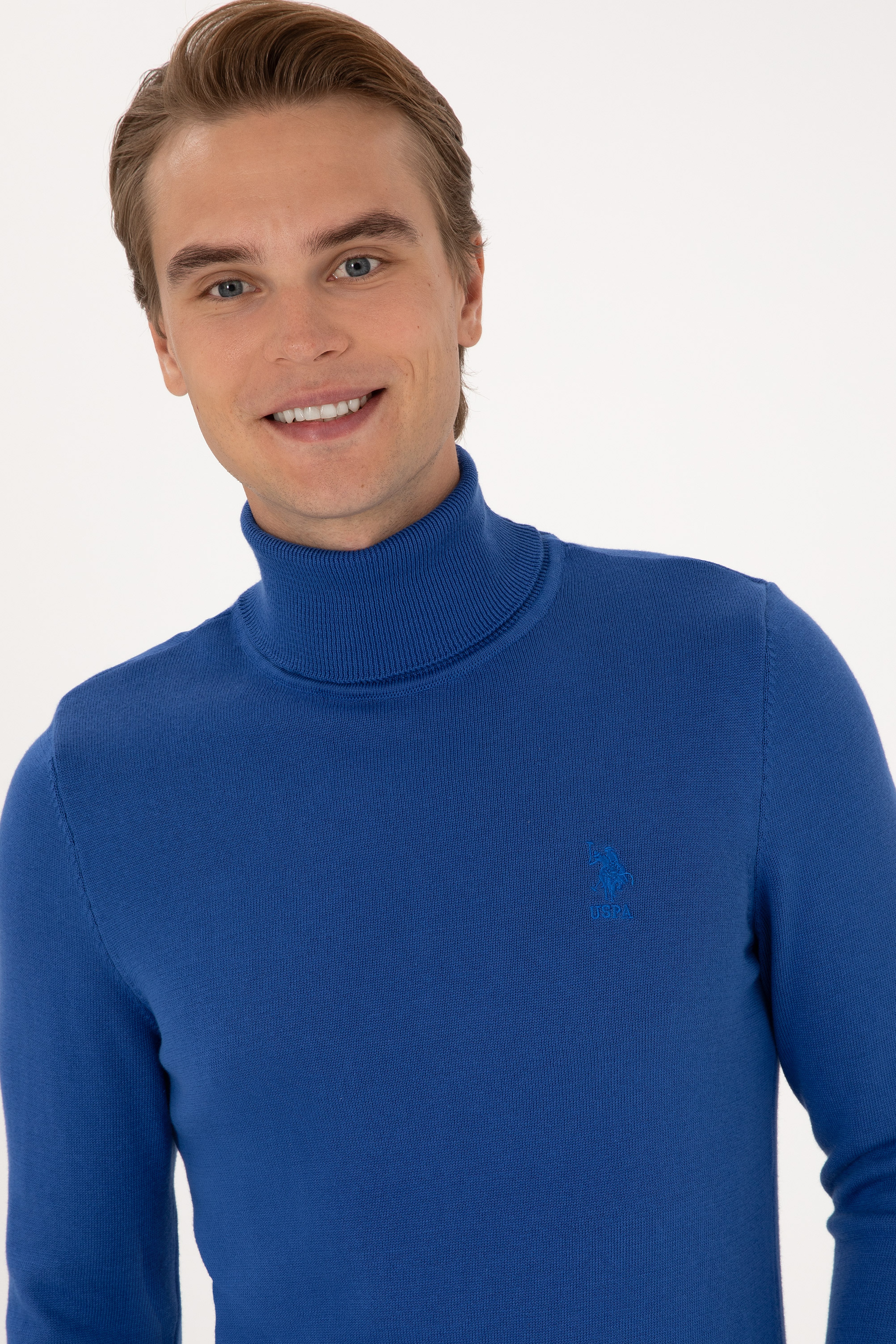 Erkek Slim Fit Boğazlı Yaka Saks Basic Kazak - Image 2