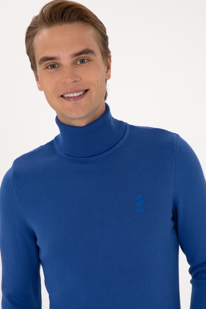 Erkek Slim Fit Boğazlı Yaka Saks Basic Kazak