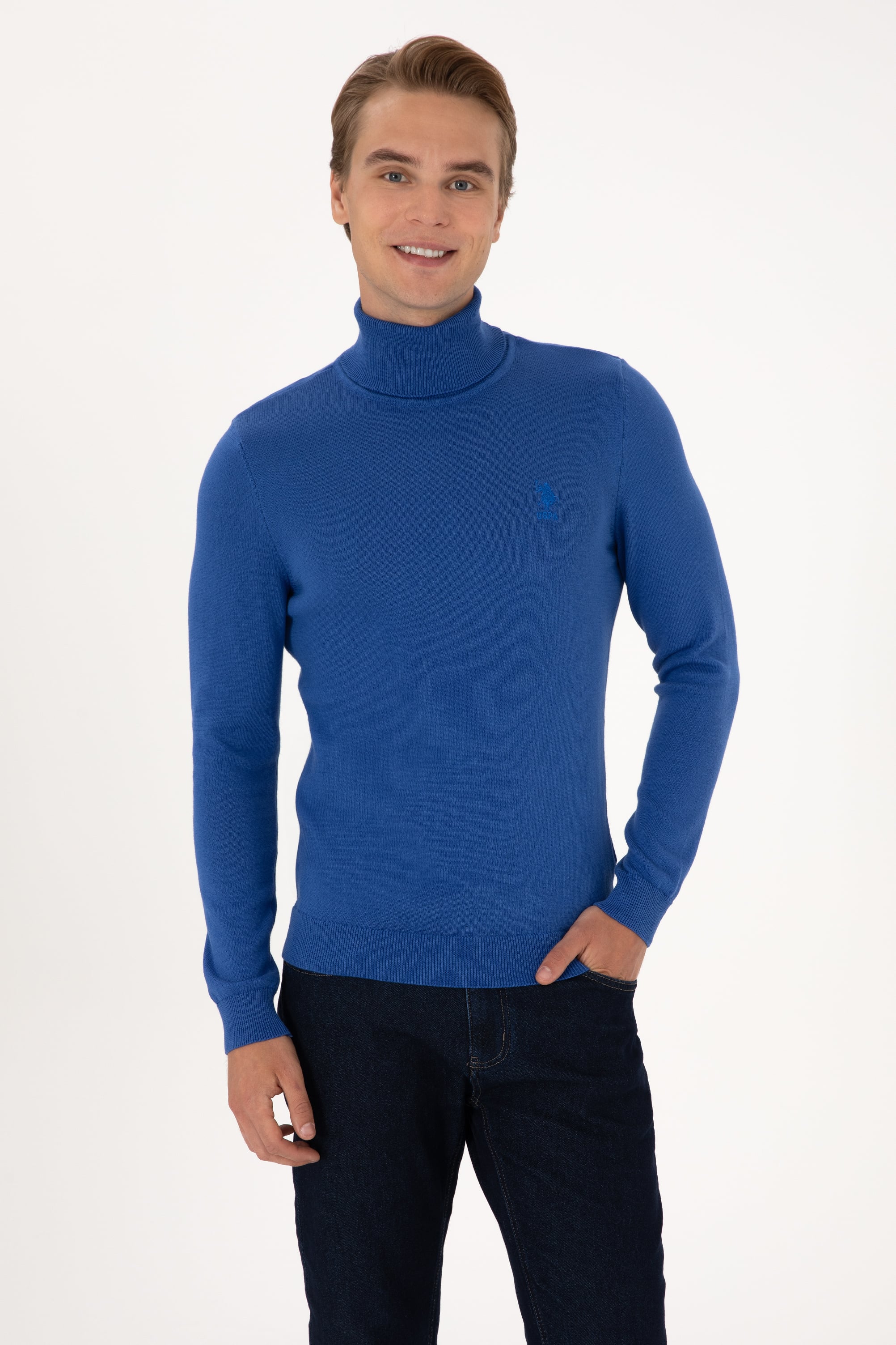 Erkek Slim Fit Boğazlı Yaka Saks Basic Kazak