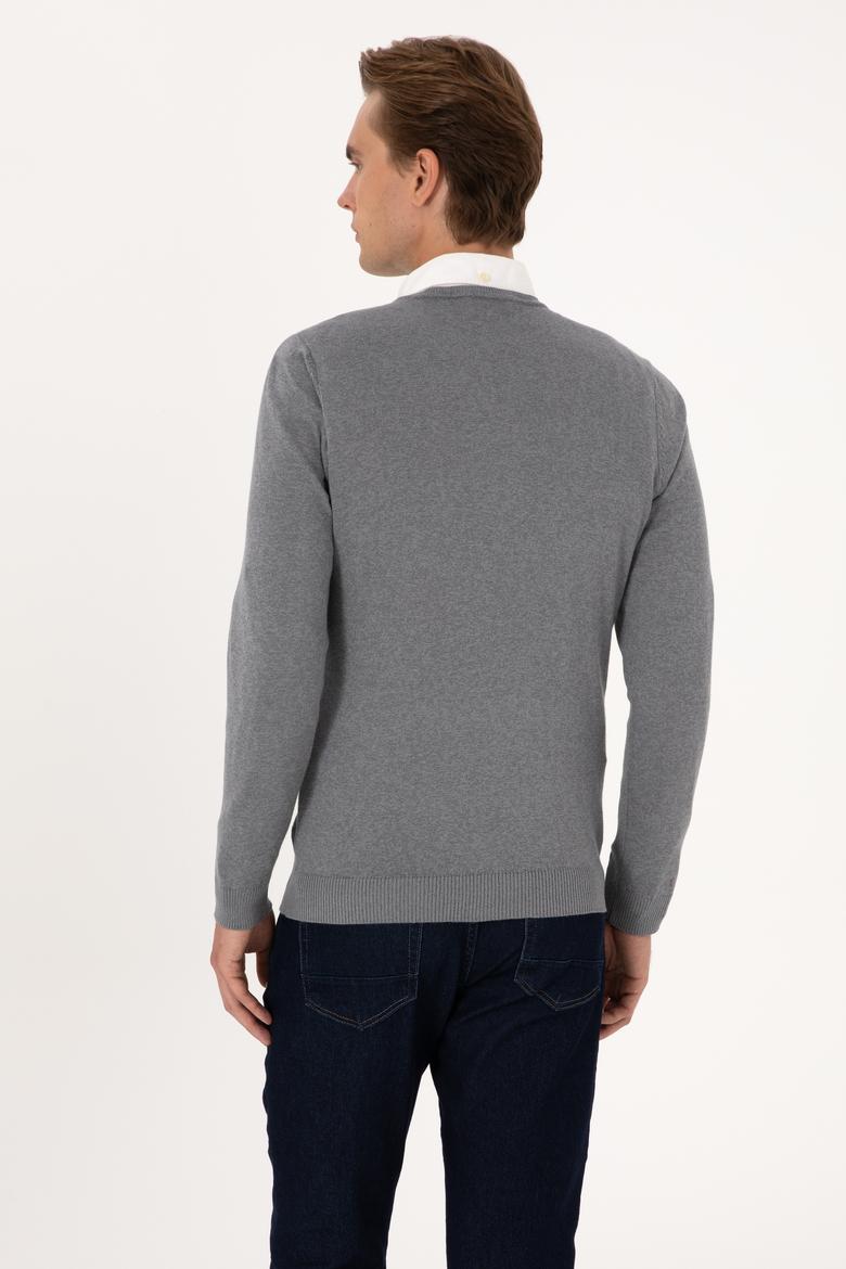 Erkek Slim Fit V Yaka Gri Melanj Basic Kazak - 50288881032