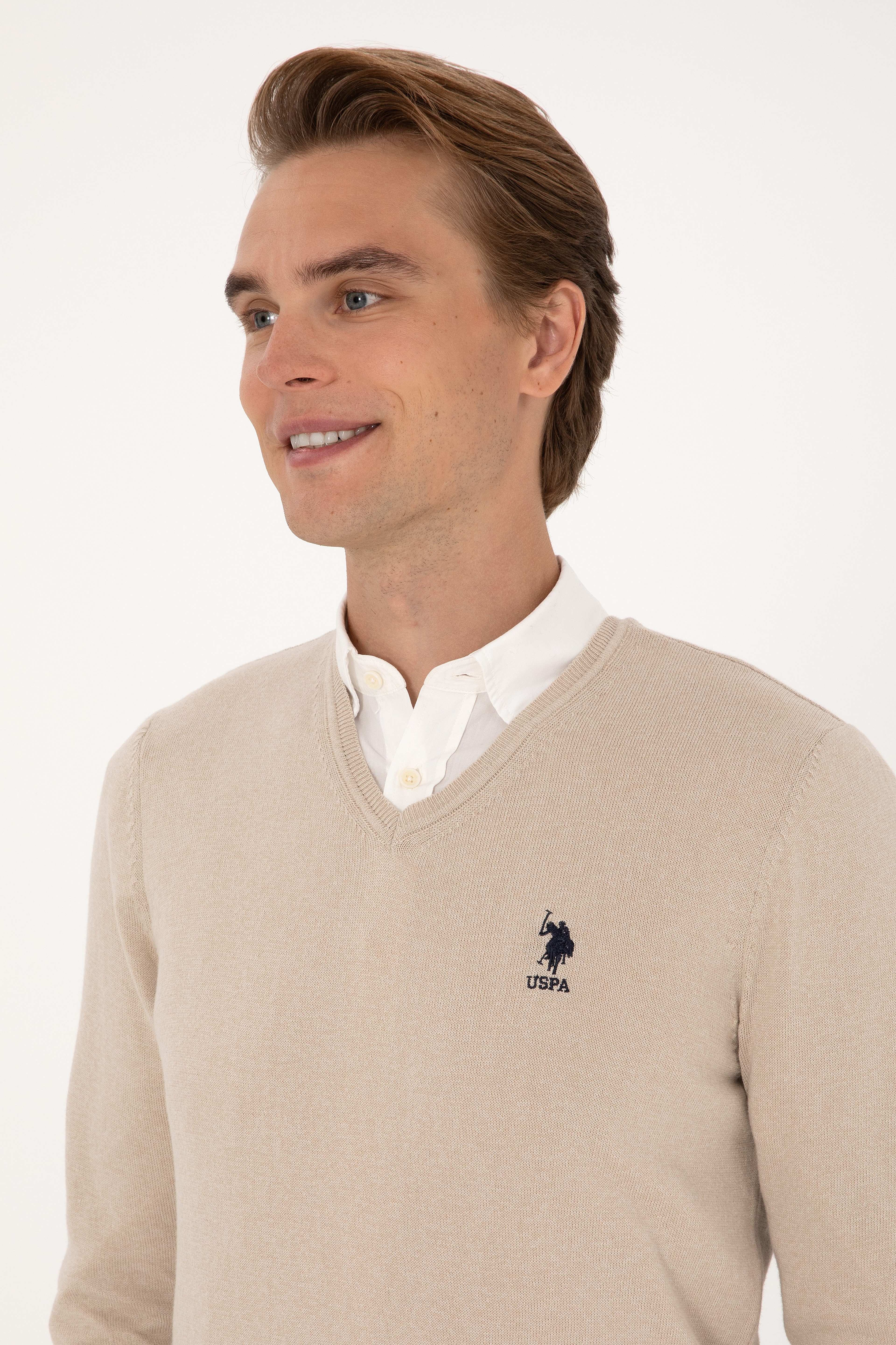 Erkek Slim Fit V Yaka Taş Melanj Basic Kazak - Image 2
