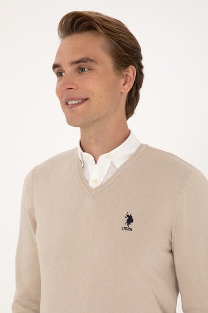 Erkek Slim Fit V Yaka Taş Melanj Basic Kazak