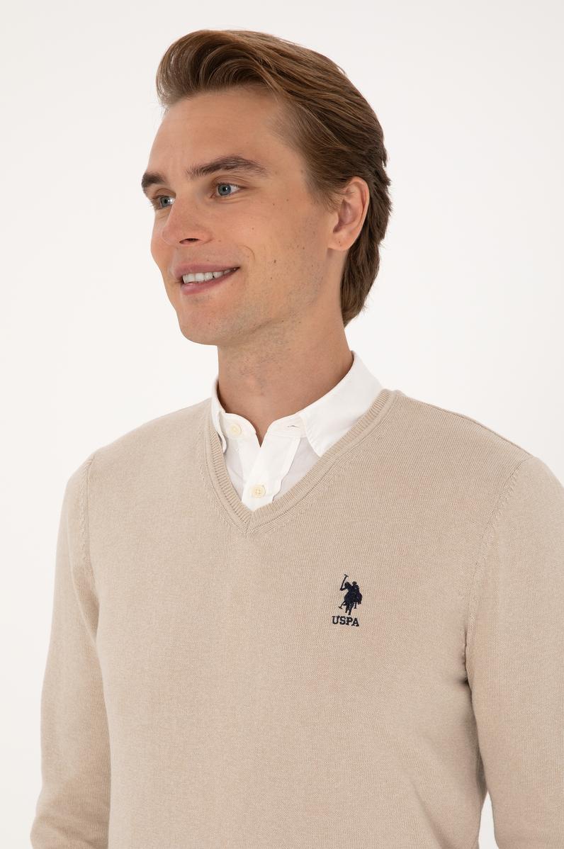 Erkek Slim Fit V Yaka Taş Melanj Basic Kazak