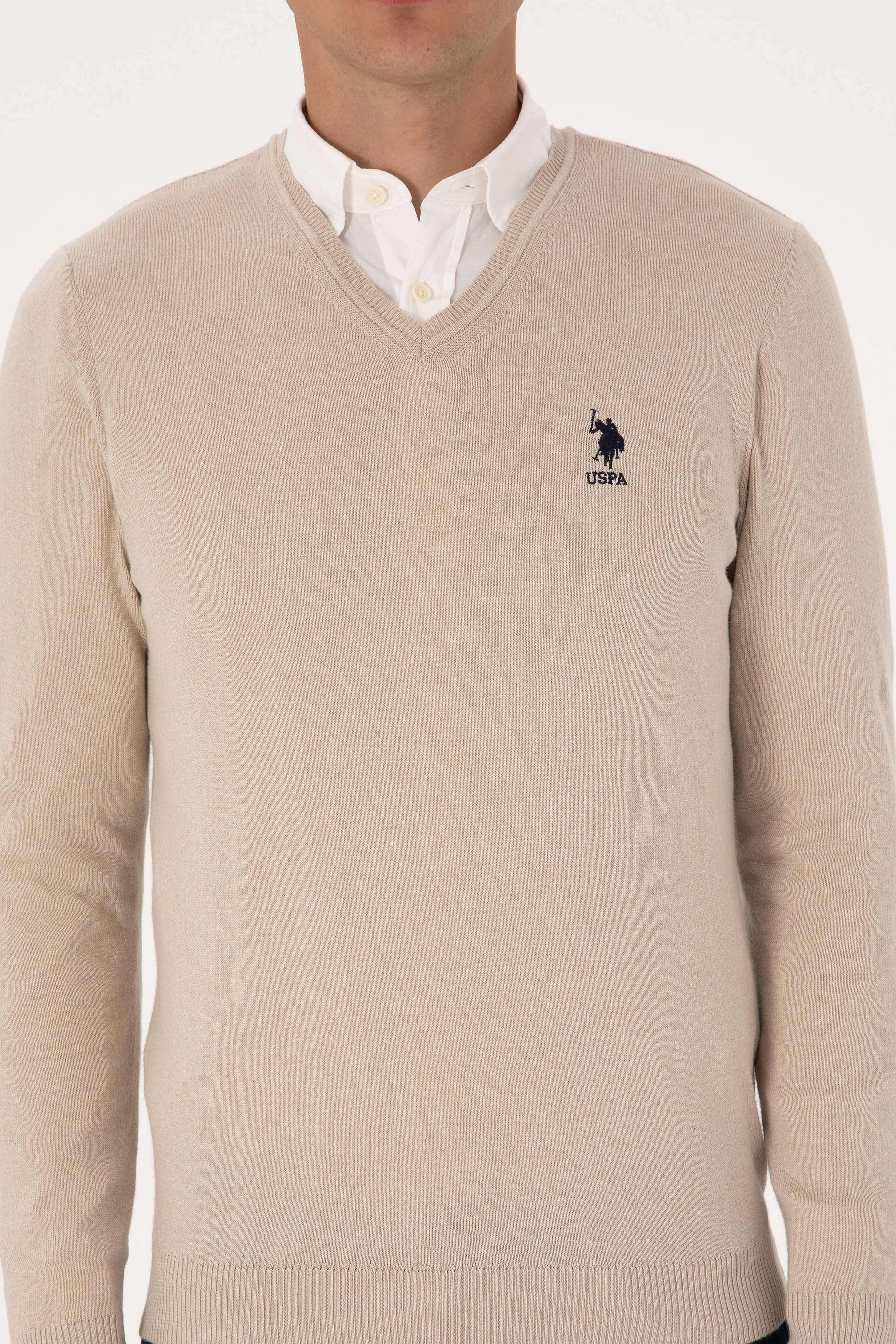 Erkek Slim Fit V Yaka Taş Melanj Basic Kazak - Image 6
