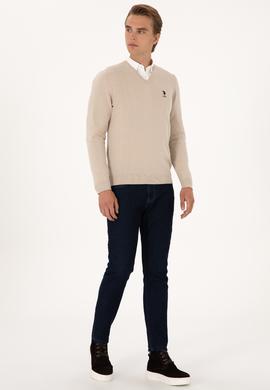 Erkek Slim Fit V Yaka Taş Melanj Basic Kazak - 50288881041