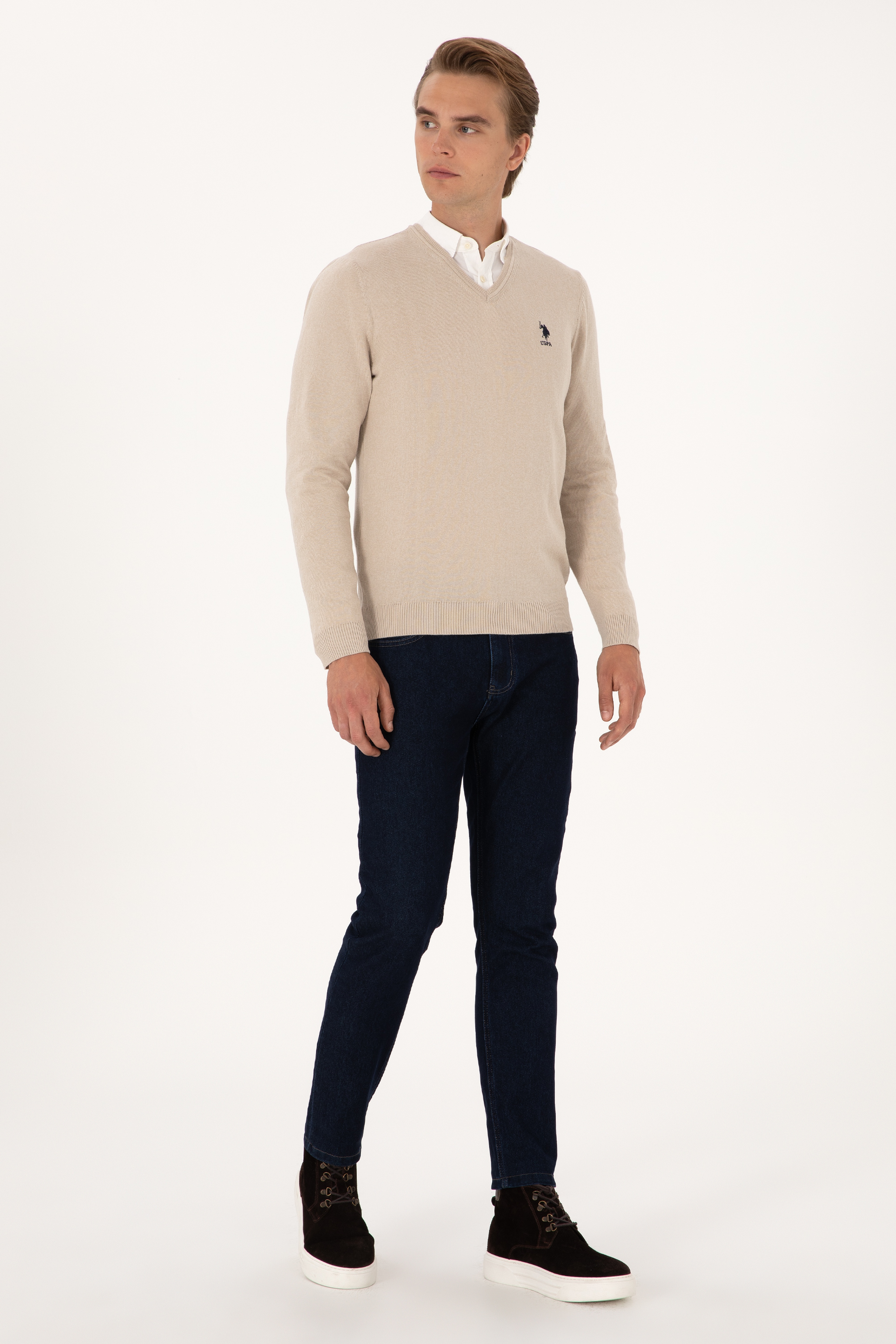 Erkek Slim Fit V Yaka Taş Melanj Basic Kazak - Image 4