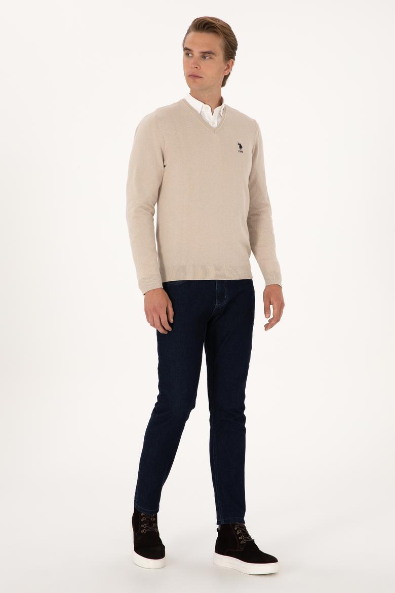 Erkek Slim Fit V Yaka Taş Melanj Basic Kazak - 50288881041