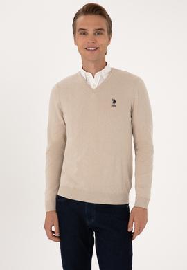 Erkek Slim Fit V Yaka Taş Melanj Basic Kazak - 50288881041