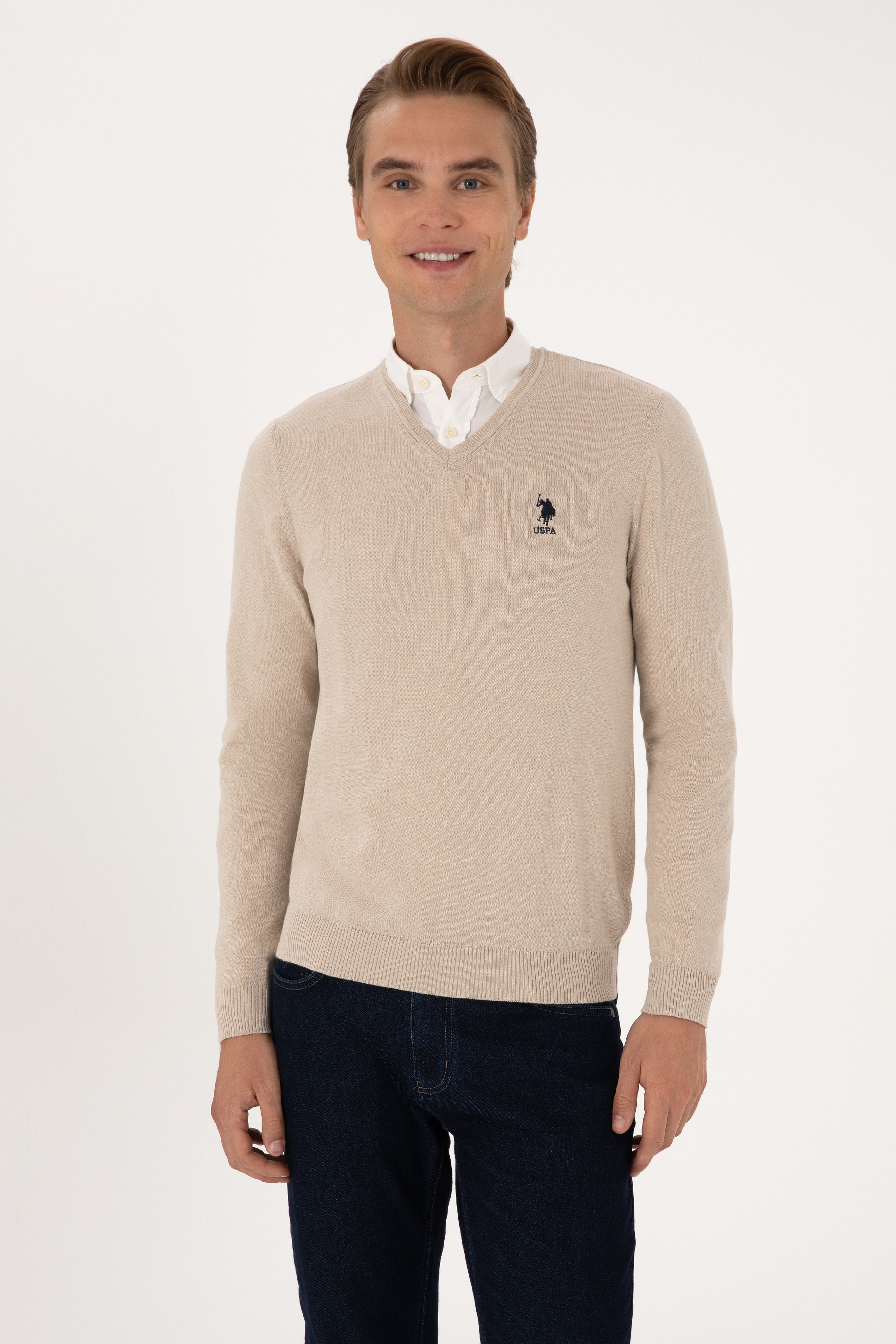 Erkek Slim Fit V Yaka Taş Melanj Basic Kazak
