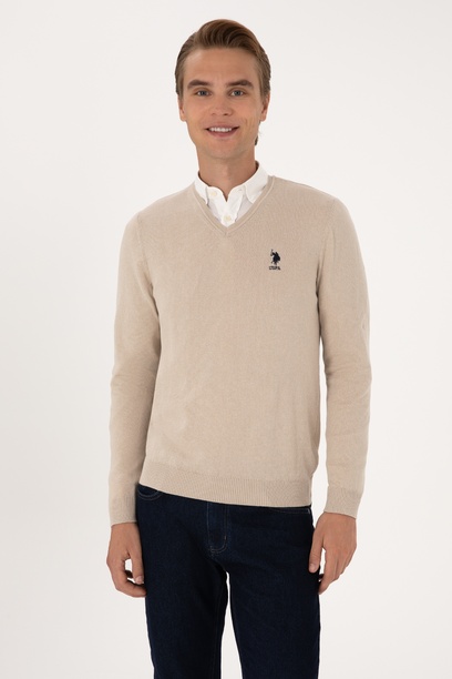 Erkek Slim Fit V Yaka Taş Melanj Basic Kazak